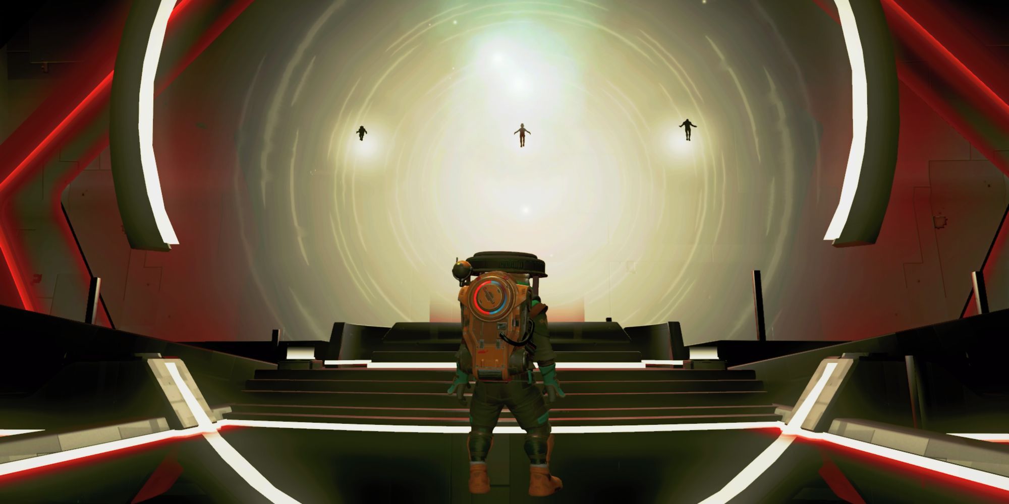 No Man's Sky_character stood before floating figures