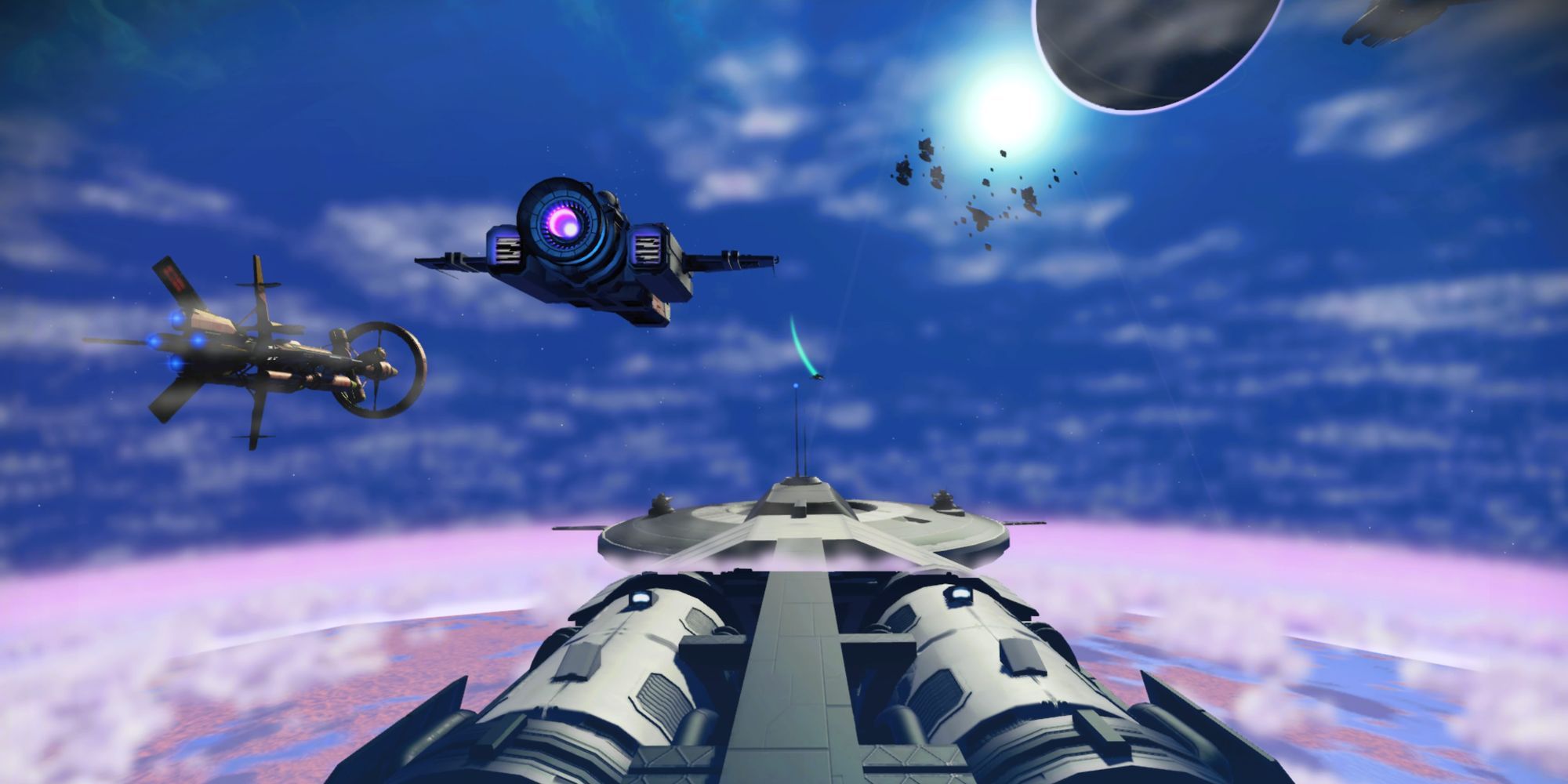 No Man's Sky_ship leaving a fraighter above a planet
