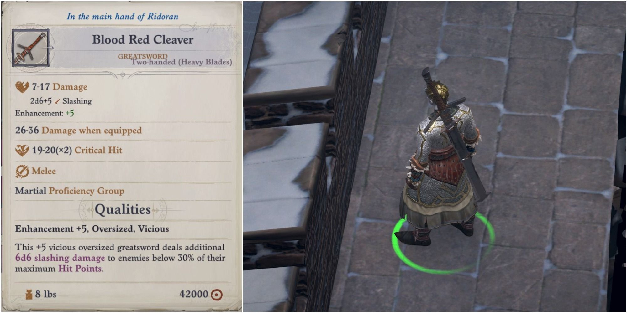 In-game screenshot and stats for Blood Red Cleaver in Pathfinder Wrath of the Righteous