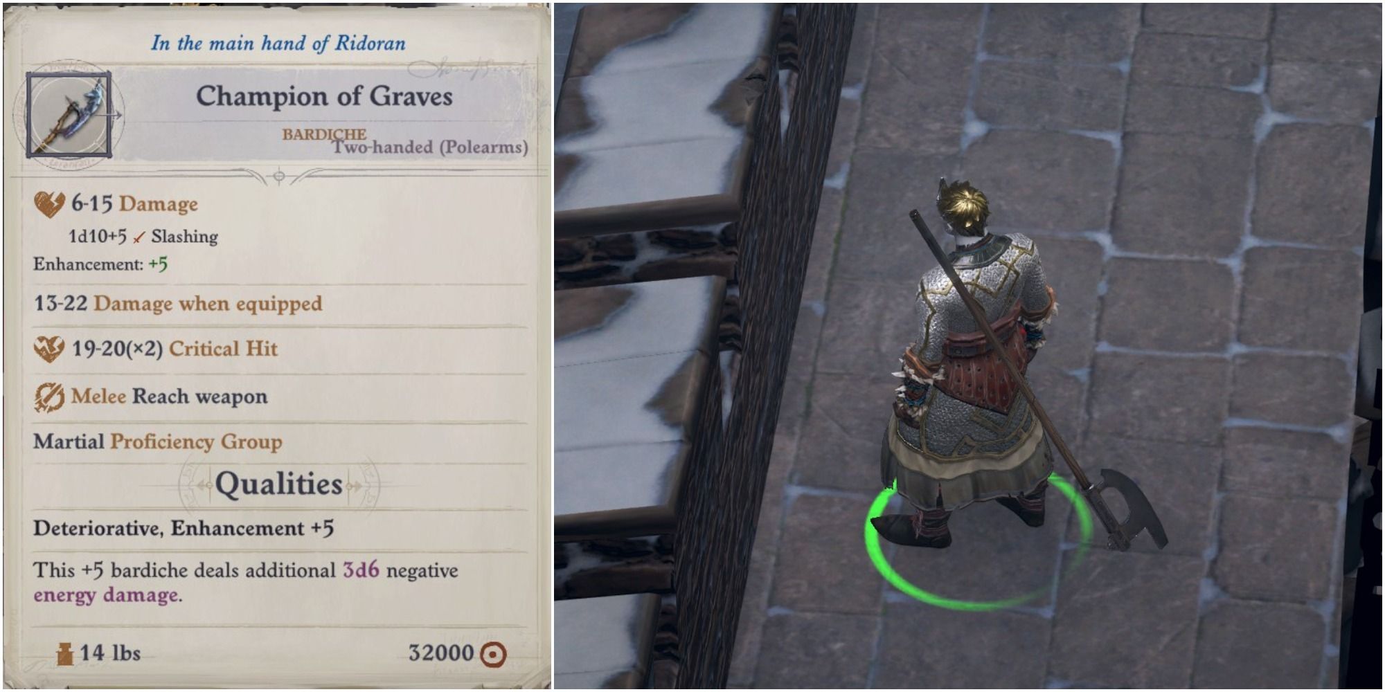 In-game screenshot and stats for Champion of Graves in Pathfinder Wrath of the Righteous