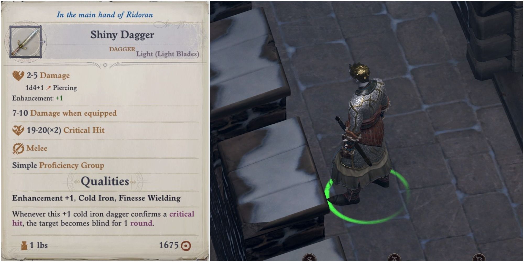 In-game screenshot and stats for Shiny Dagger in Pathfinder Wrath of the Righteous