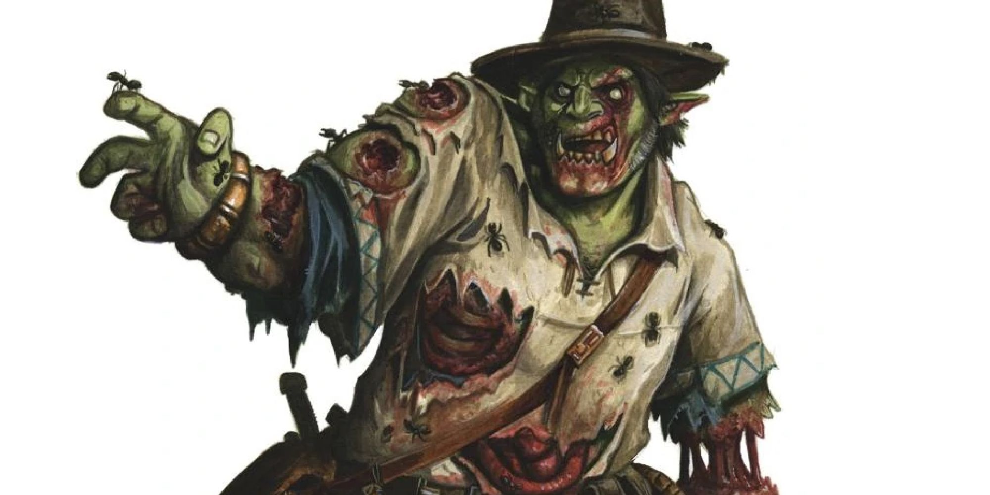 A stylish zombie with a fedora and a bug on its finger