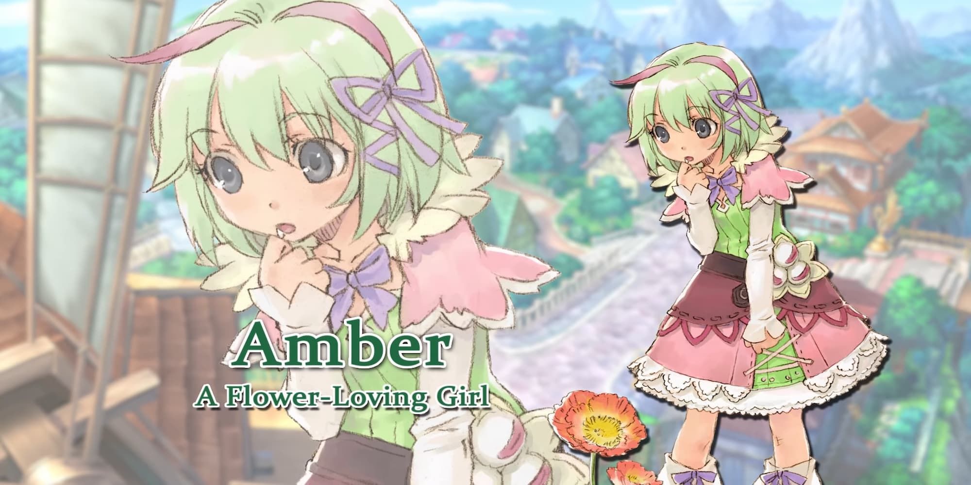 Rune Factory 4 Amber closeup and normal profiles of green haired girl backdrop of a town