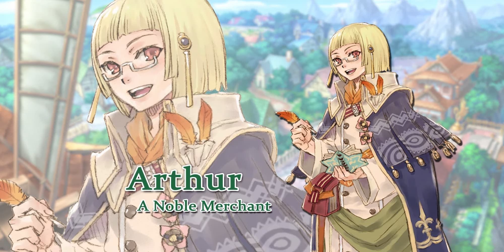 Rune Factory 4 Authur closeup and normal profile of man with green hair and glasses holding a book