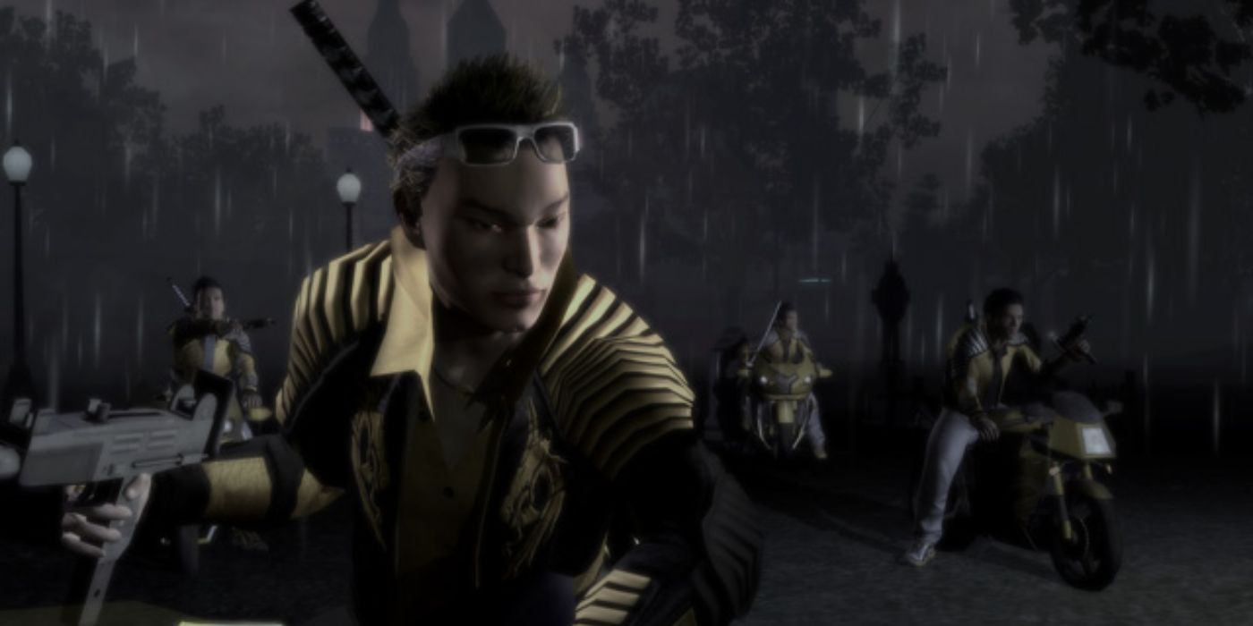 Ronin leader Shogo Akuji is armed with an uzi on his motorcycle with several Ronin behind him