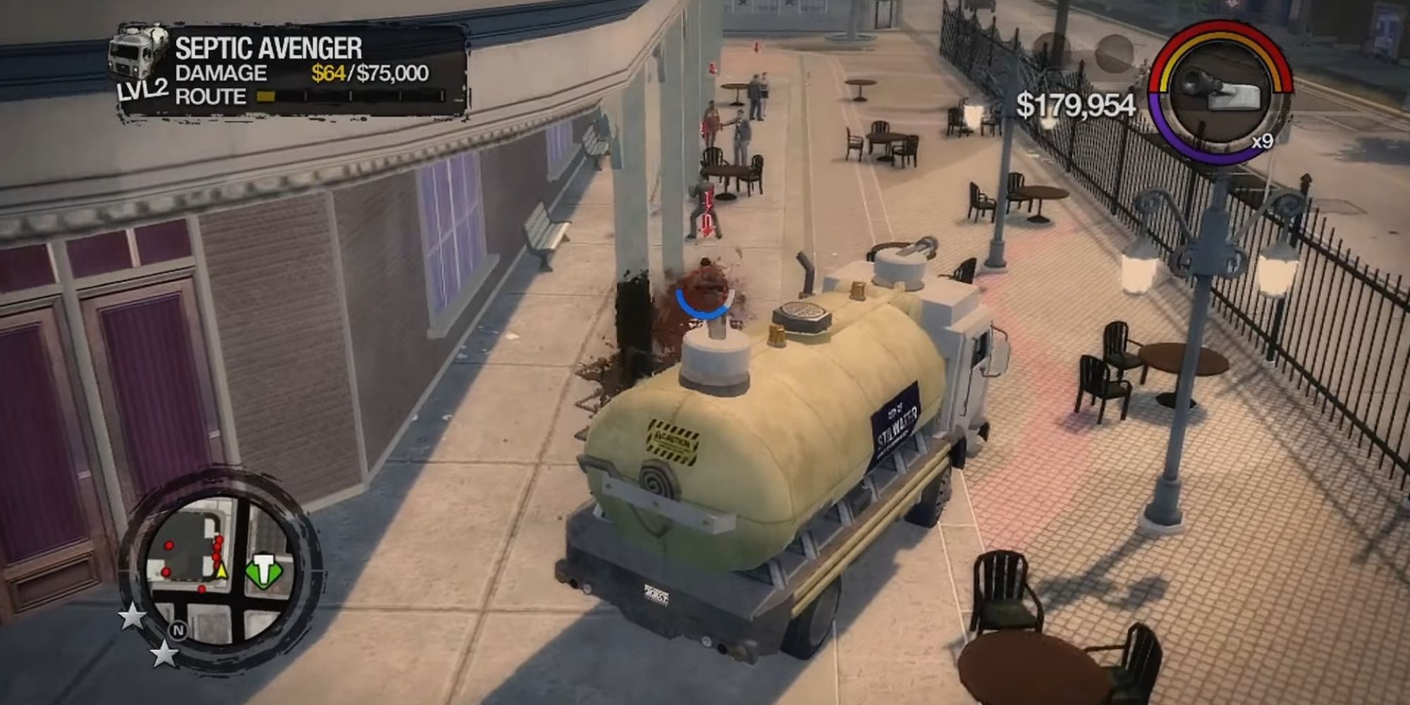 The Boss causes property damage with a Septic Truck in Saints Row 2