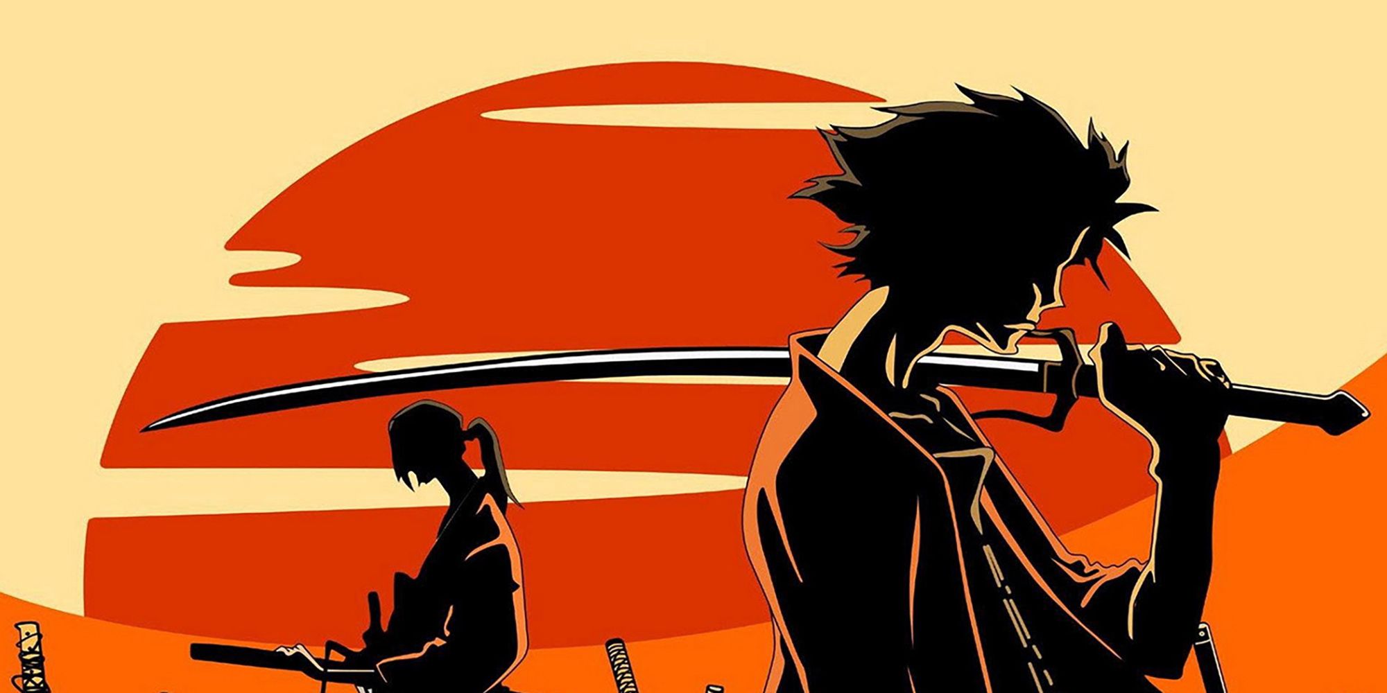 Mugen and Jin with the sun setting behind them in a Samruai Champloo poster.