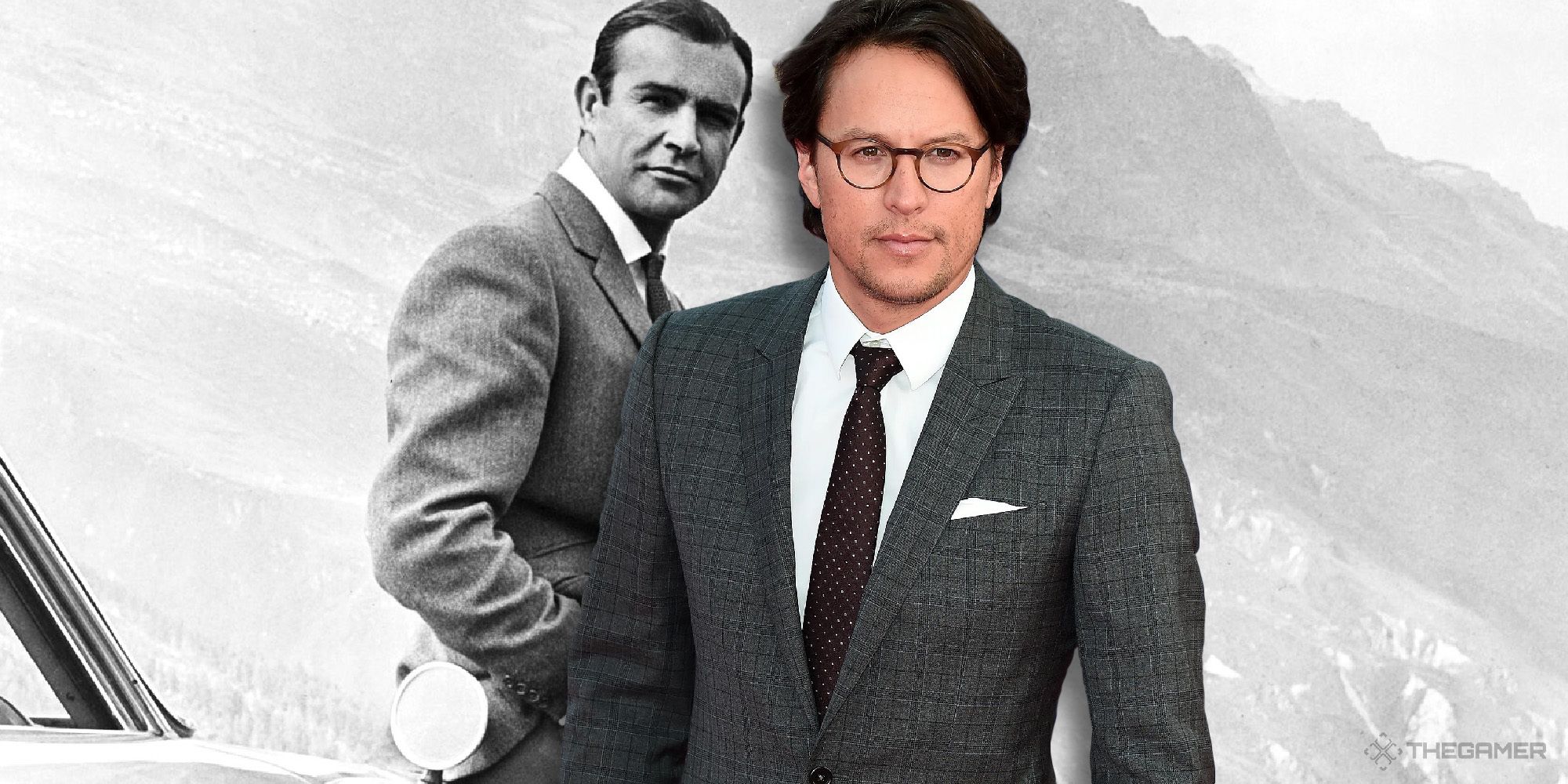 director cary fukunaga in front of a black and white shot of Sean Connery