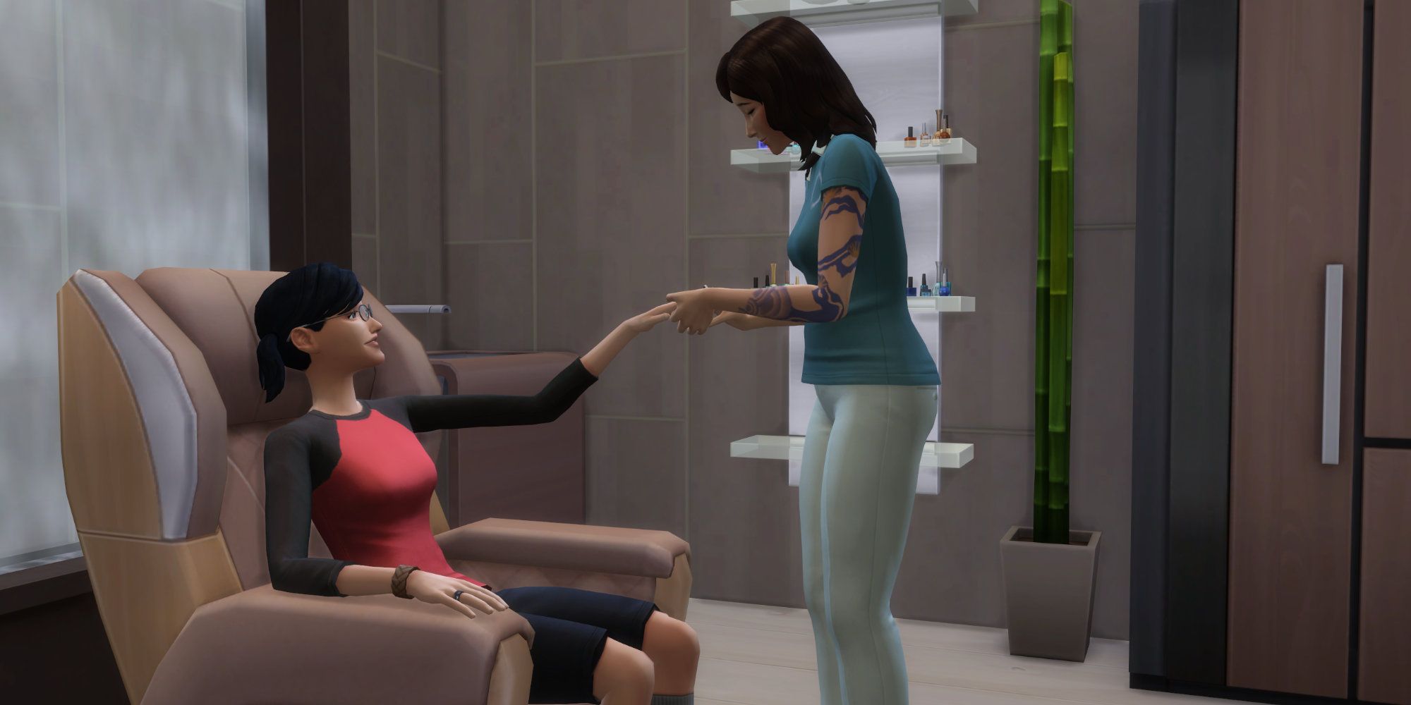 Sims-4-Cassandra-goth-getting a manicure