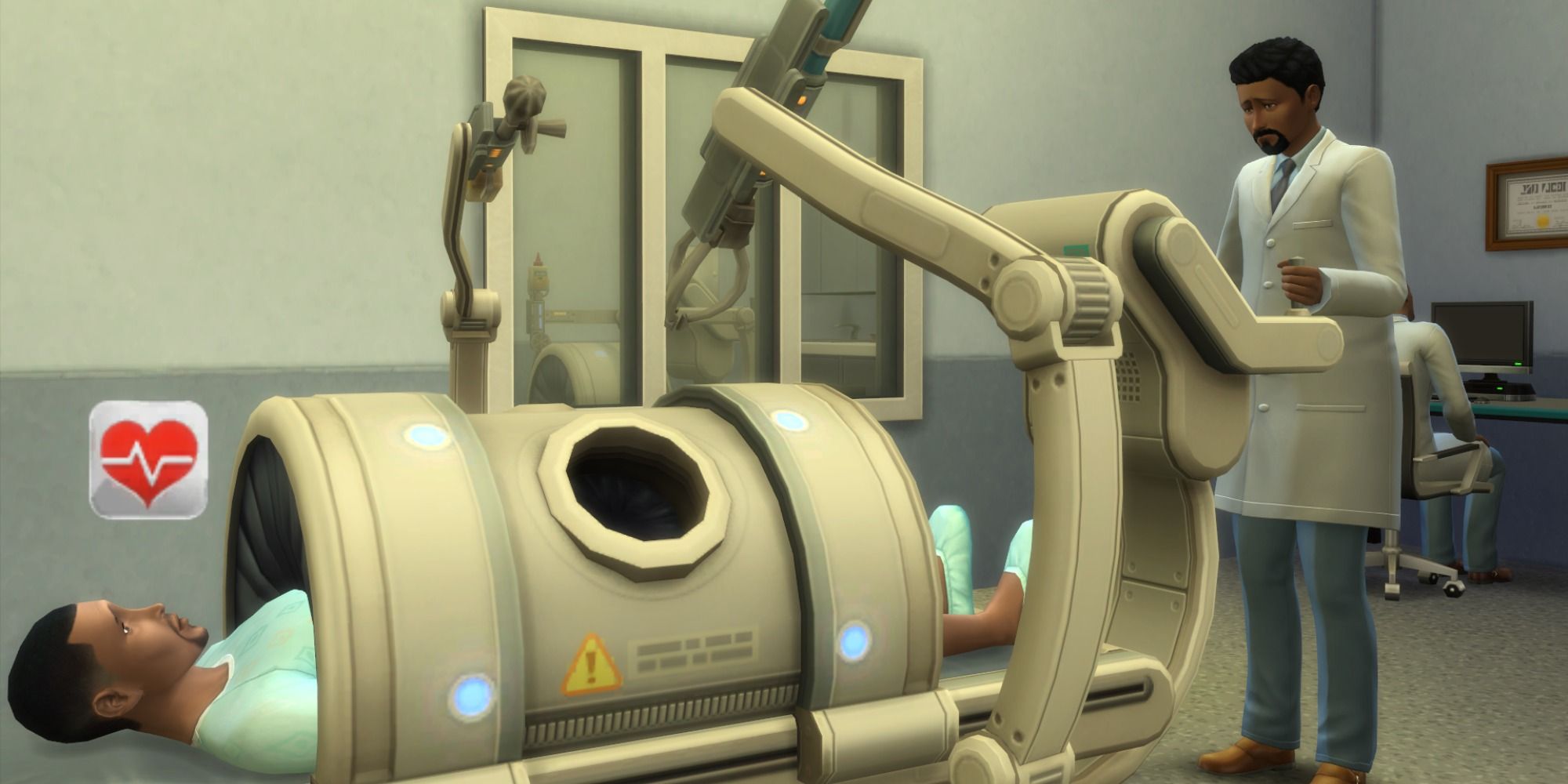 A Doctor Sim using the surgery machine in The Sims 4