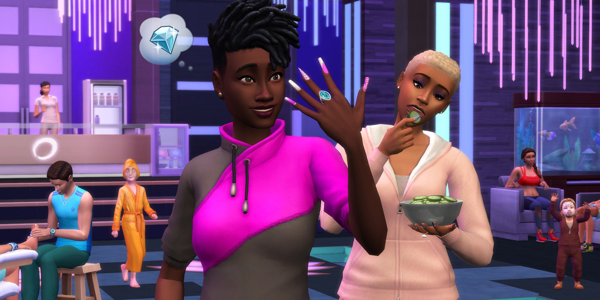 Sims 4 showing off nails and eating cucumbers