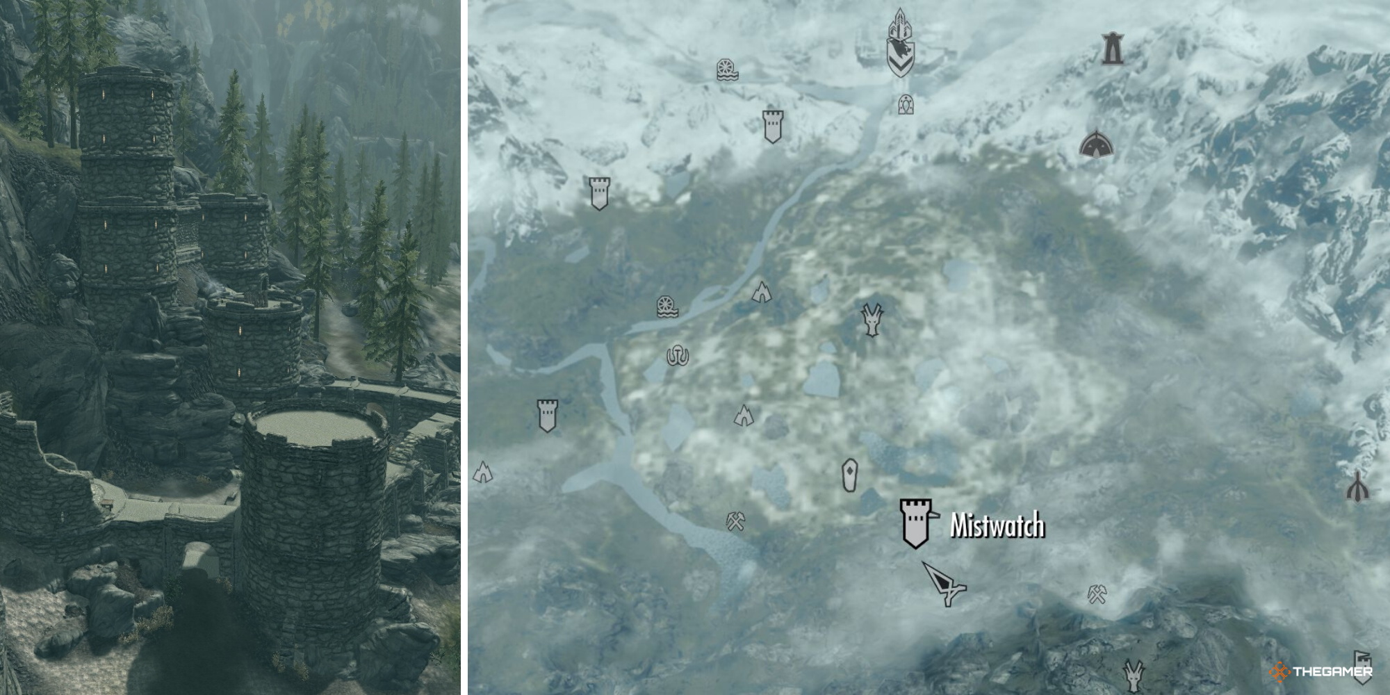 Skyrim - Location of Mistwatch on the map on right, picture of Mistwatch on right