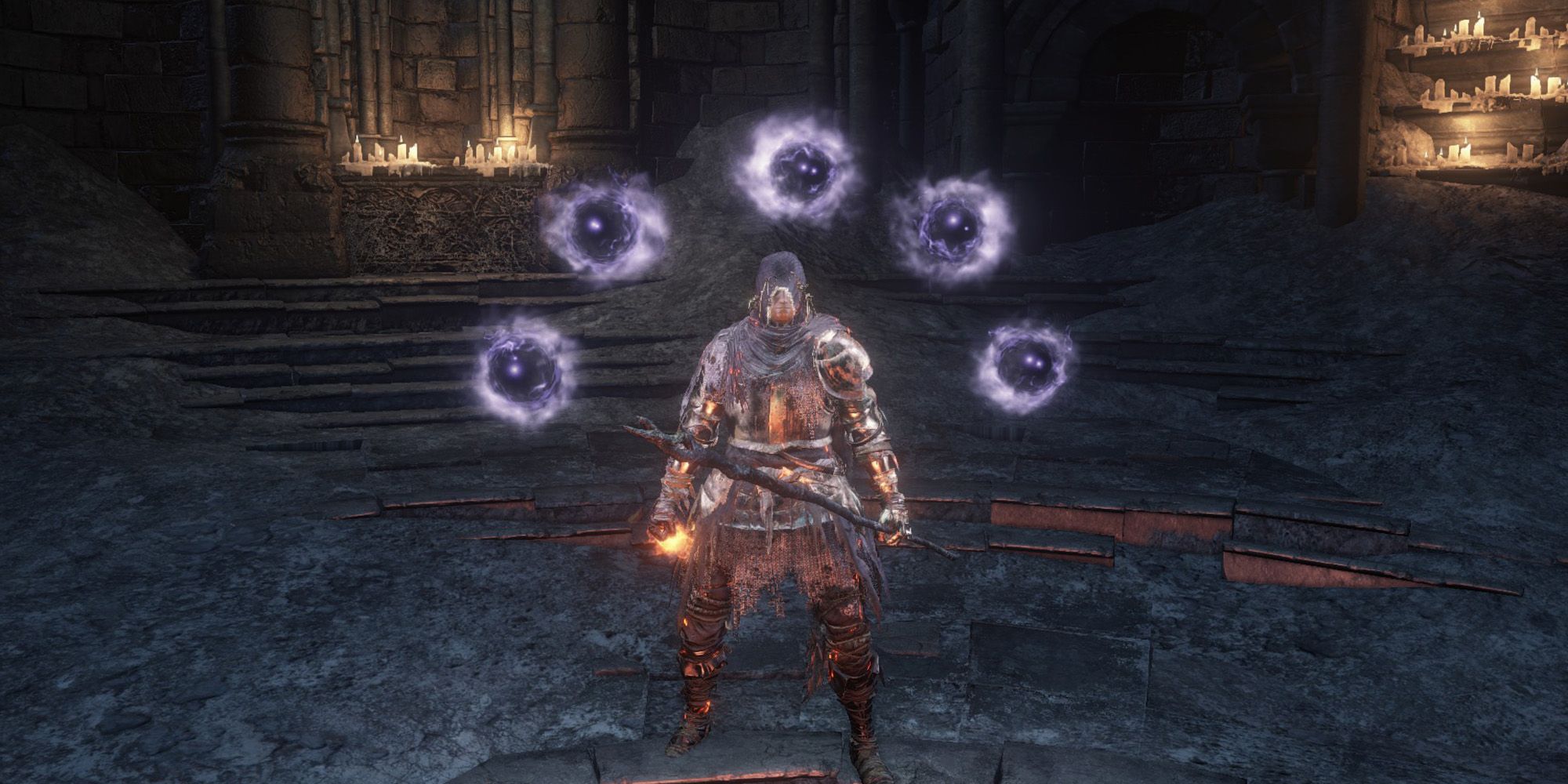 A caster using Affinity with a pyromancy flame in the offhand. Screenshot from Dark Souls 3