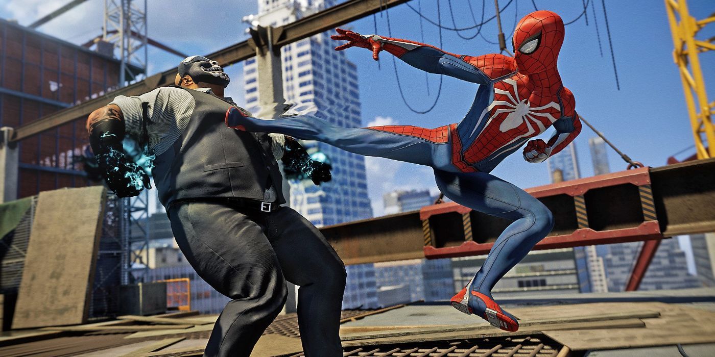 Spider-Man (right) delivers a kick to brute (left) that is part of the Demons, one of the game's gangs 
