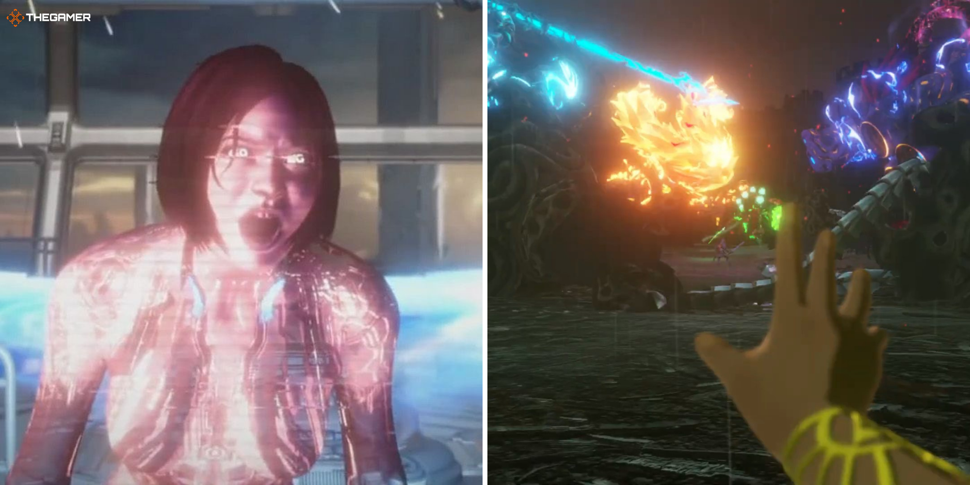 Split image - Cortana in rampancy from Halo on left, Zelda reaching out to Link in Hyrule Warriors cutscene