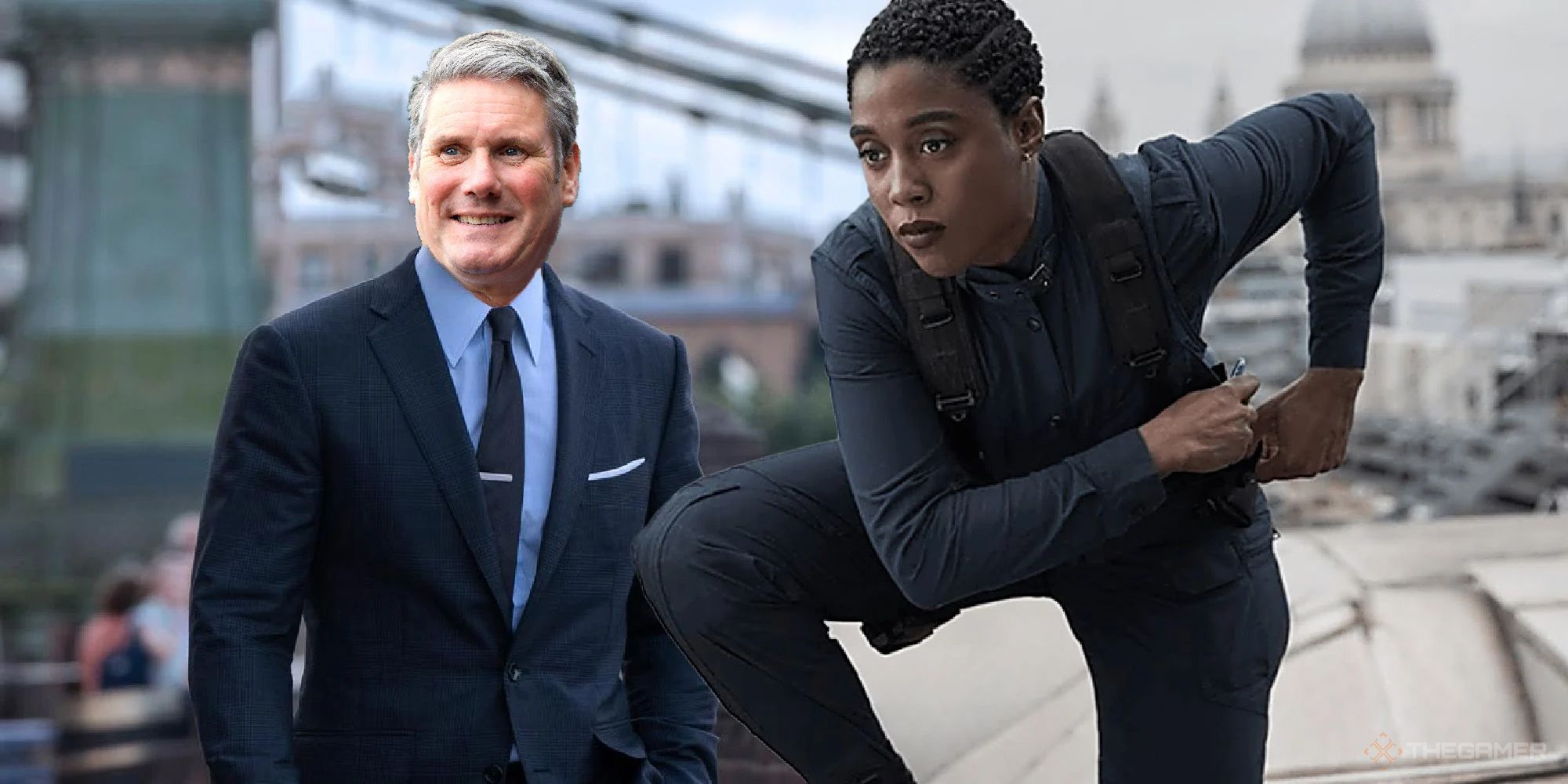 kier starmer's face on daniel craig's bond as he's next to the female 007 agent in no time to die