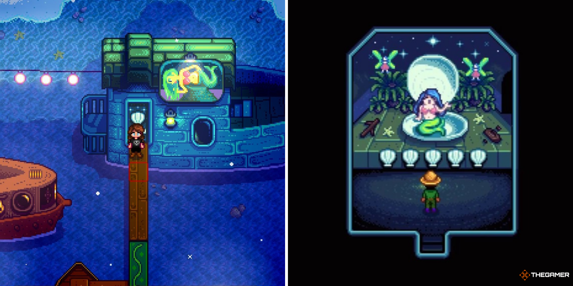 Stardew Valley Night Market - Mermaid boat on left, Mermaid show on right