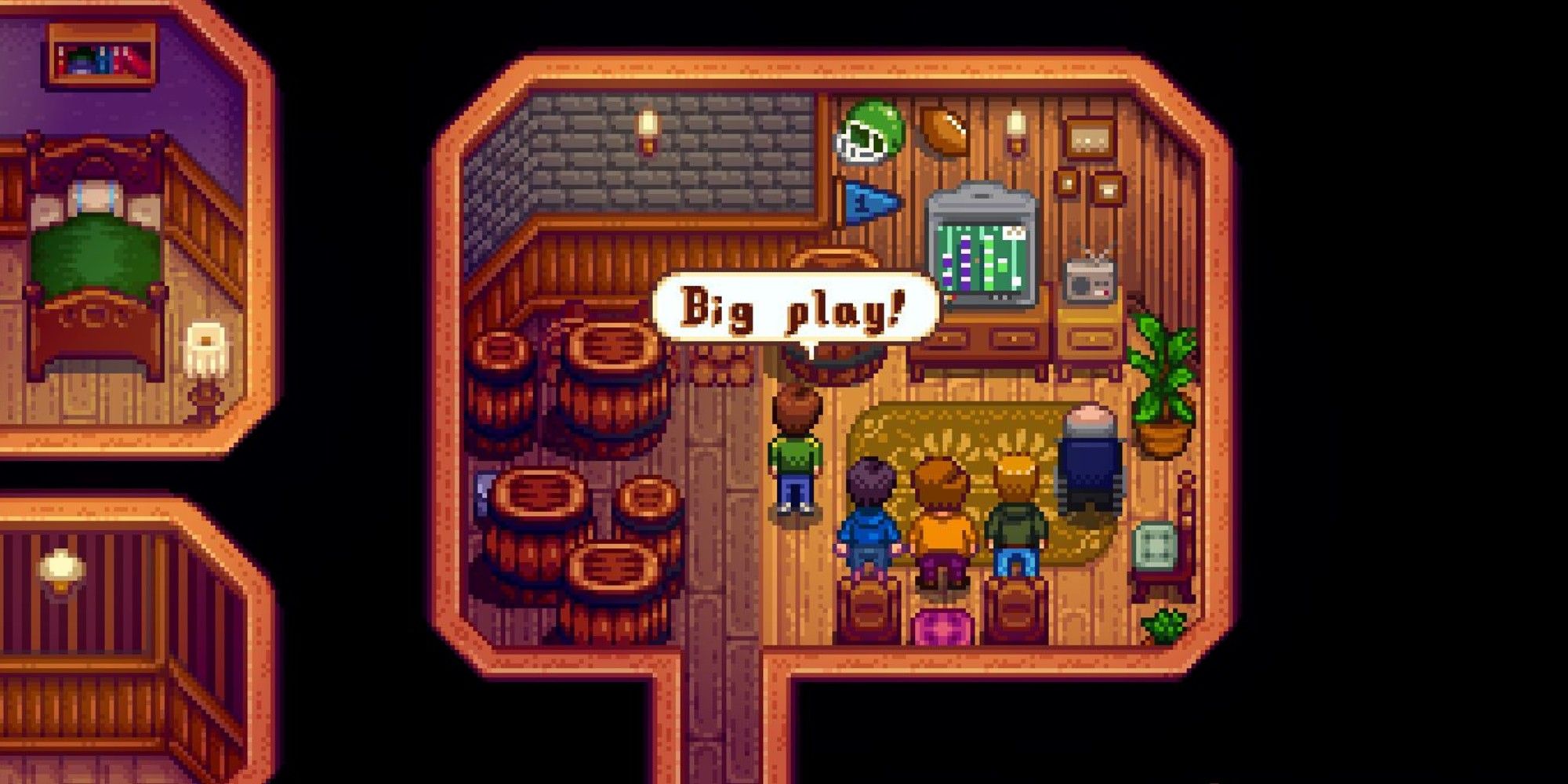 villagers and player gathered in stardrop saloon back room