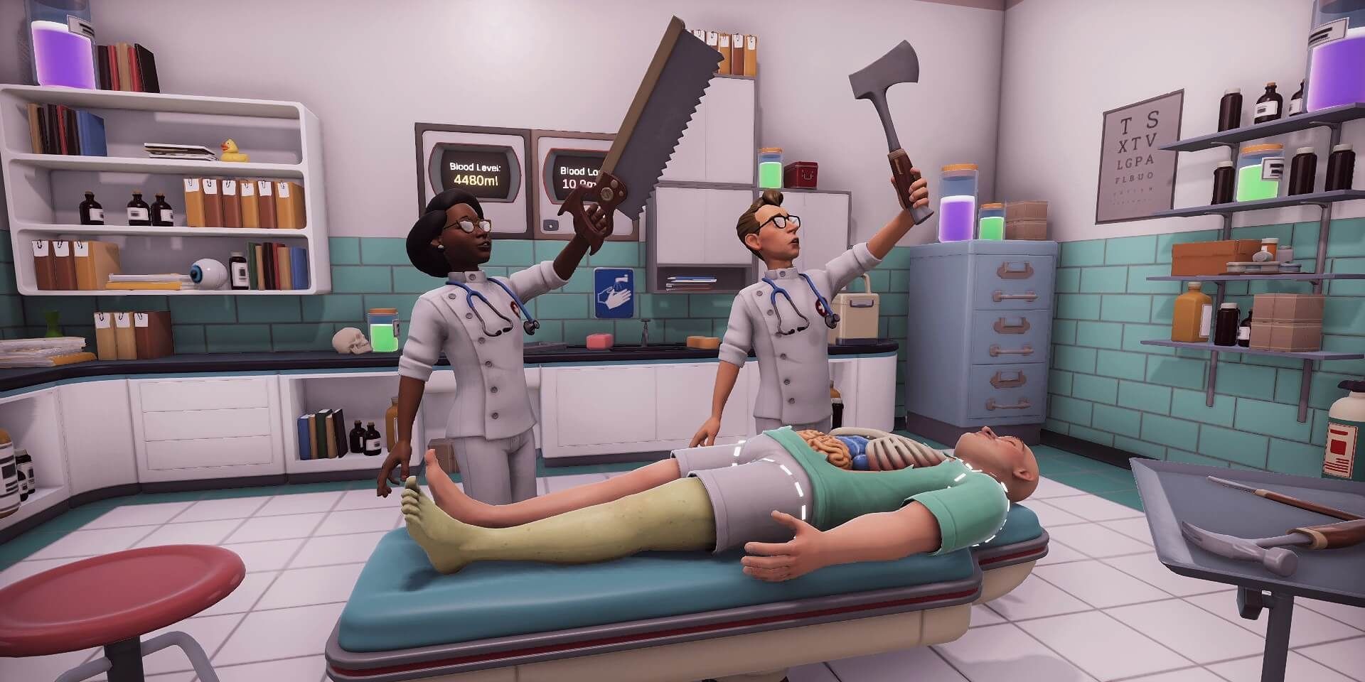 Surgeon Simulator 2 players holding tools in the air