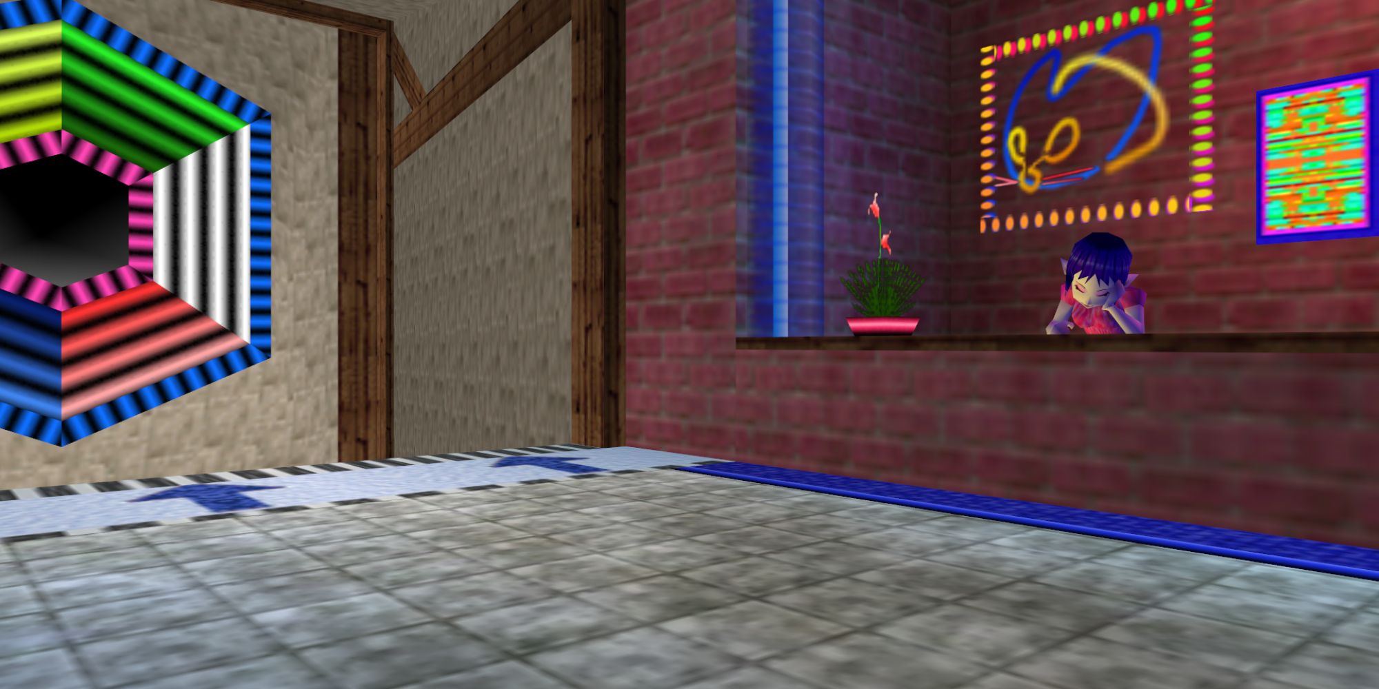 The Legend Of Zelda Locations mid shot of the interior of Bombchu Bowling Alley with flashing neon lights and a sleepy attendant behind a desk