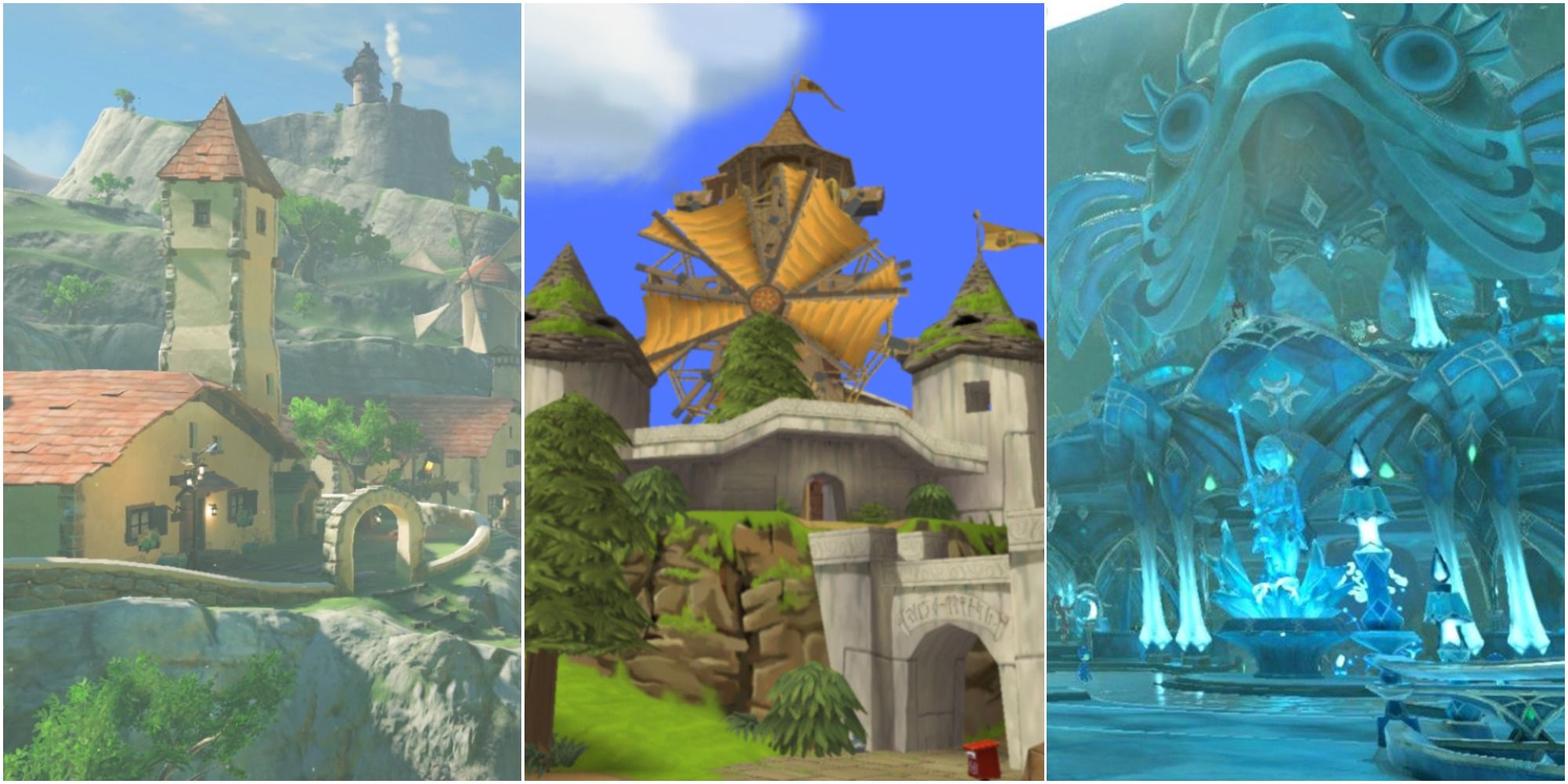 The Legend Of Zelda Locations Hateno Village on the left, Windfall Island in the middle and Zora's Domain on the right