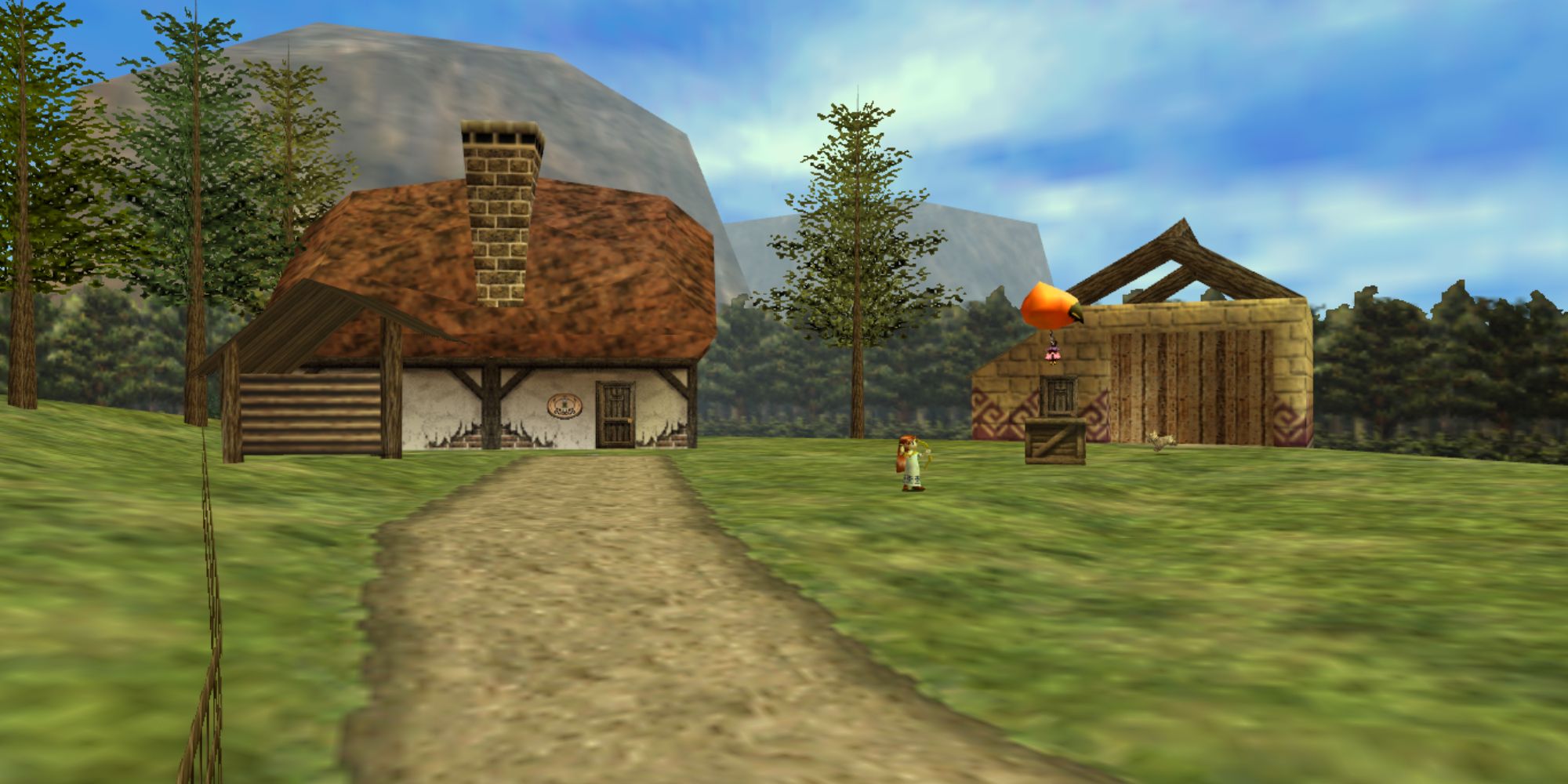 The Legend Of Zelda Locations wide shot of long pathway leading to Romani Ranch seen in the distance with Cremia shooting a bow nearby