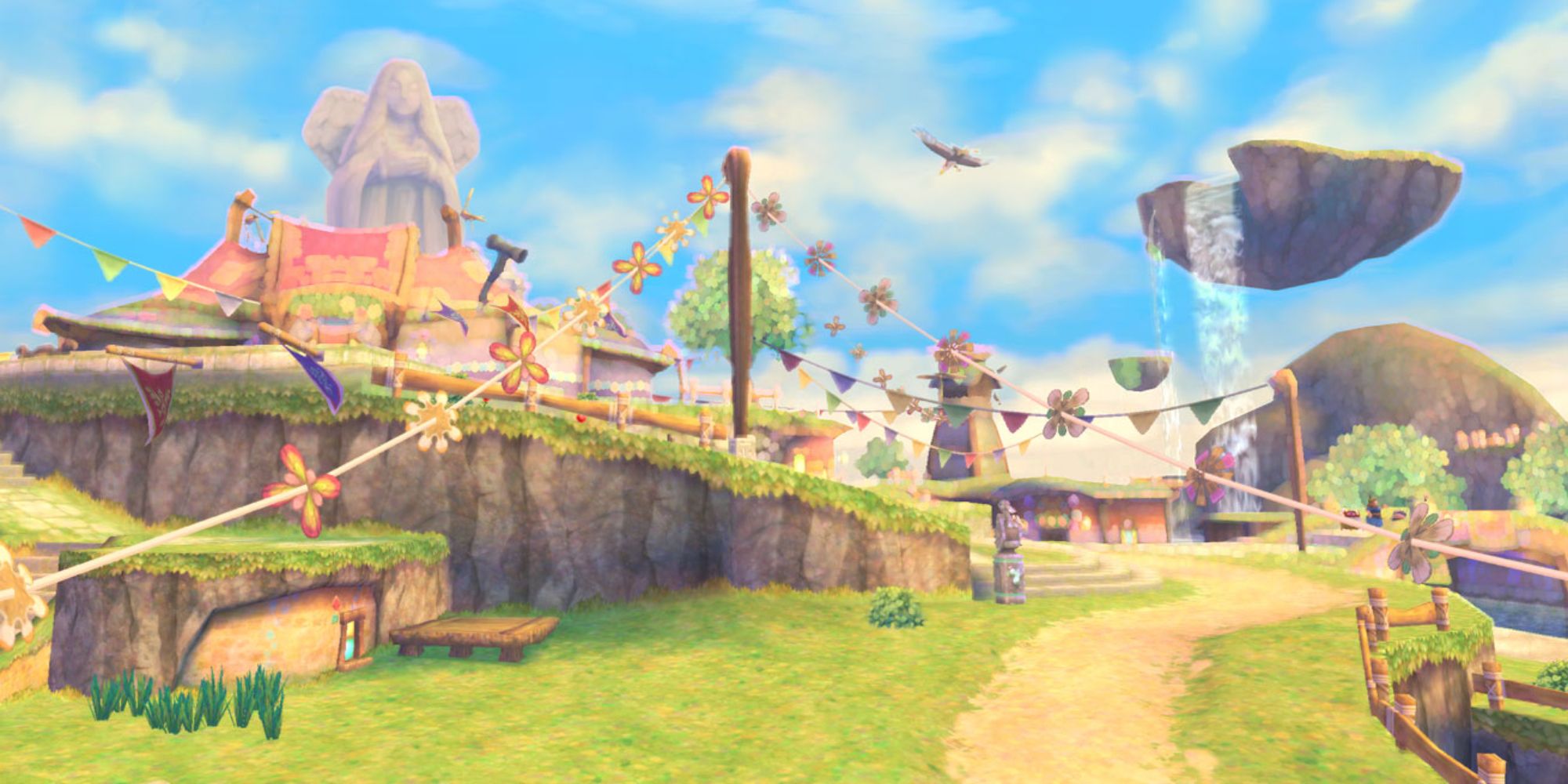 The Legend Of Zelda Locations wide shot of a distant Skyloft, the surrounding floating islands, a colourful bunting, a giant angel statue and an obscured tent