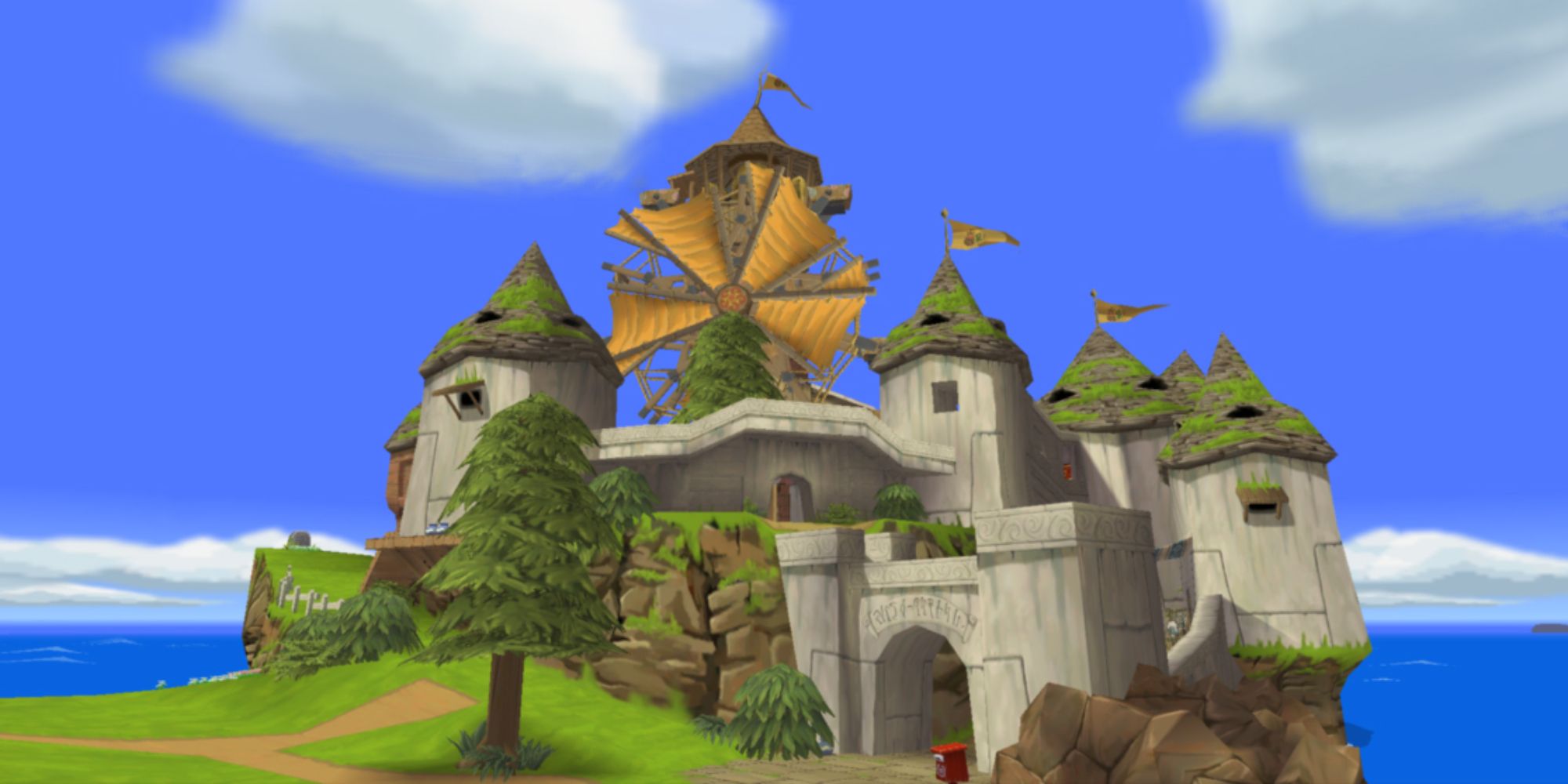 The Legend Of Zelda Locations wide shot of Windfall Island with the ferris wheel and building rooftops clear and a cloudy bright blue sky in the background