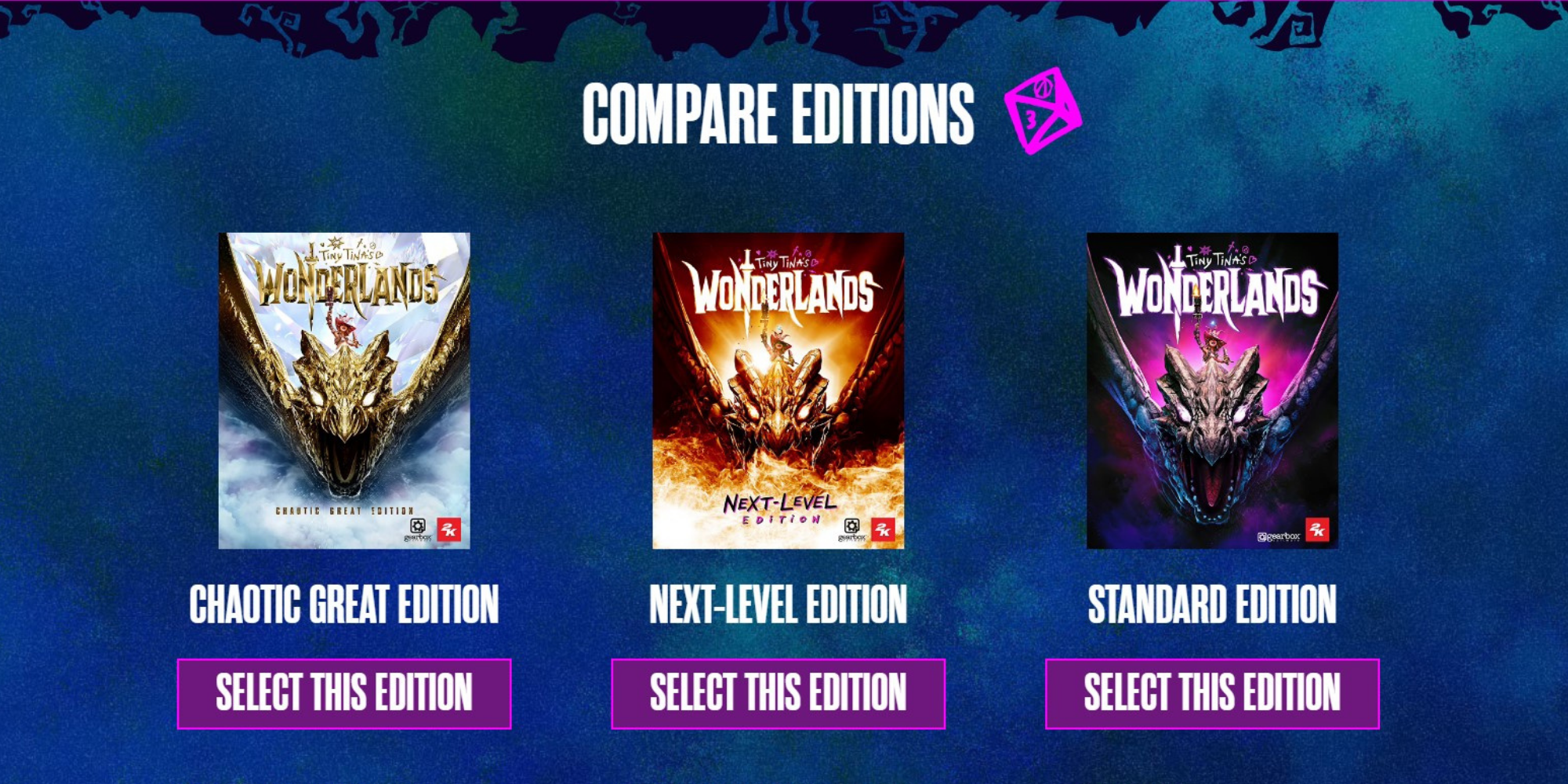 Tiny Tina's Wonderlands - Website Screenshot with various preorder packages displayed
