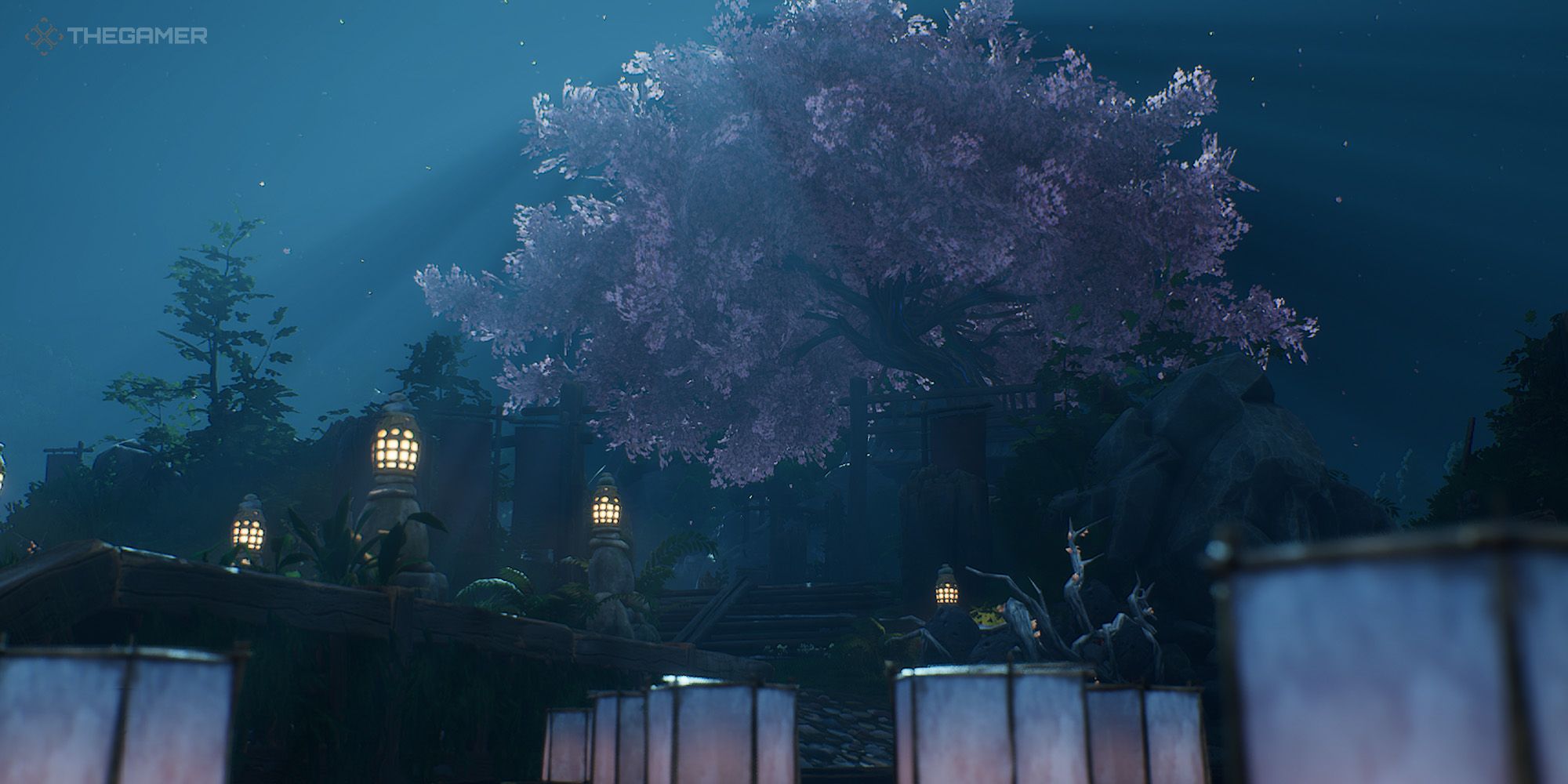Kena, Toshi's Love trial with a cherry blossom tree overlooking some lanterns