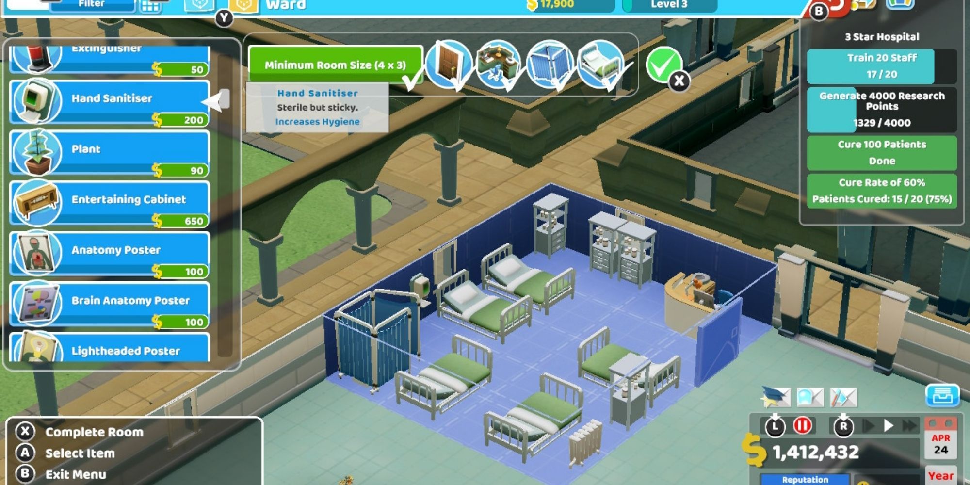 Two Point Hospital screenshot Ward close up with stat boosting items