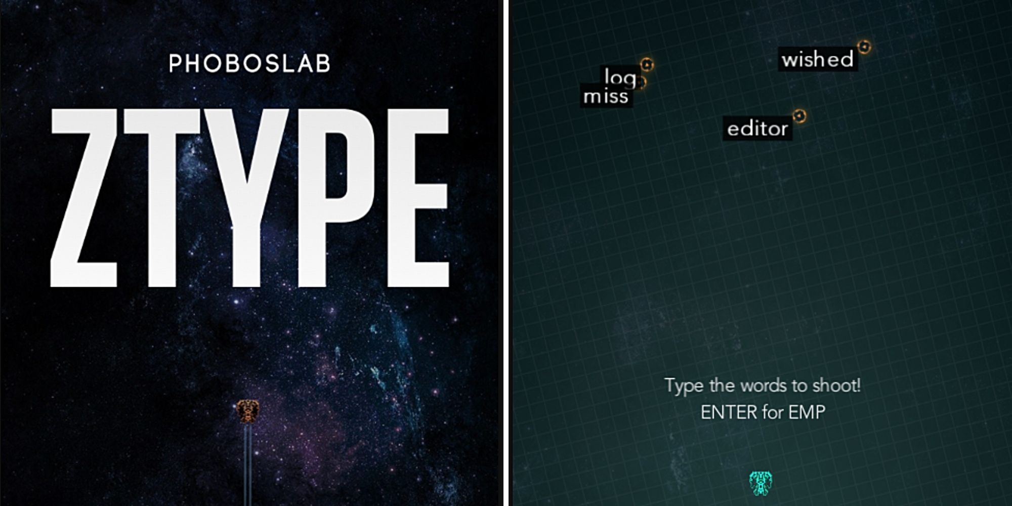 ZType main title screen and gameplay