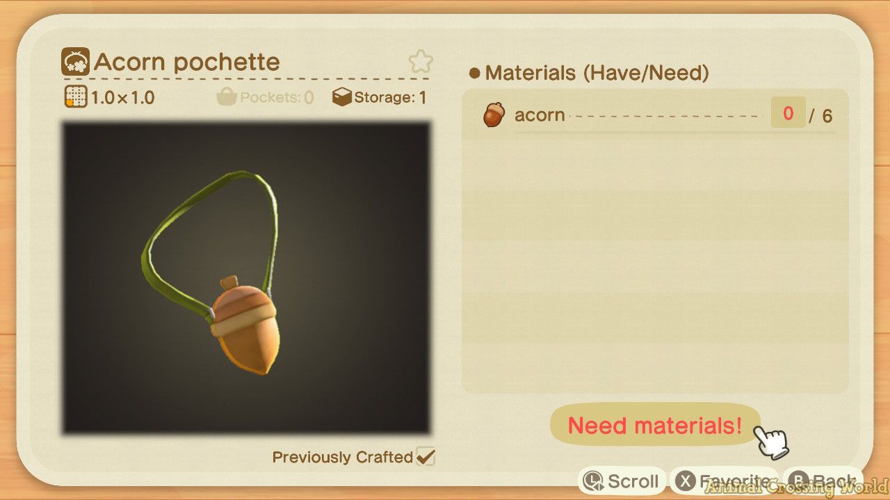 A screenshot of the Acorn Pochette crafting recipe, including a picture of the item on the left, and a list of Materials (Have/Needed) on the right