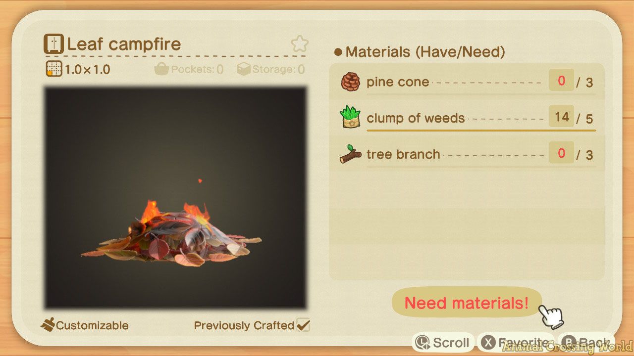 A screenshot of the Leaf Campfire DIY recipe, including a photo of the item on the left, and a list of Materials (Have/Needed) on the right