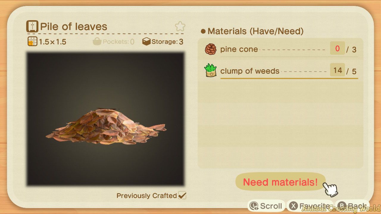 A screenshot of the DIY recipe for Pile of Leaves (a brown leaf pile), including a photo of the item on the left, and the Materials (Have/Needed) on the right
