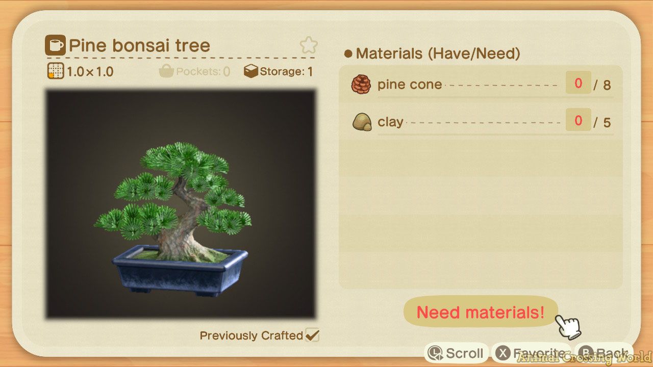 A screenshot of the Pine Bonsai DIY recipe in the ACNH crafting interface, including a photo of the item on the left, and a list of Materials (Have/Needed) on the right