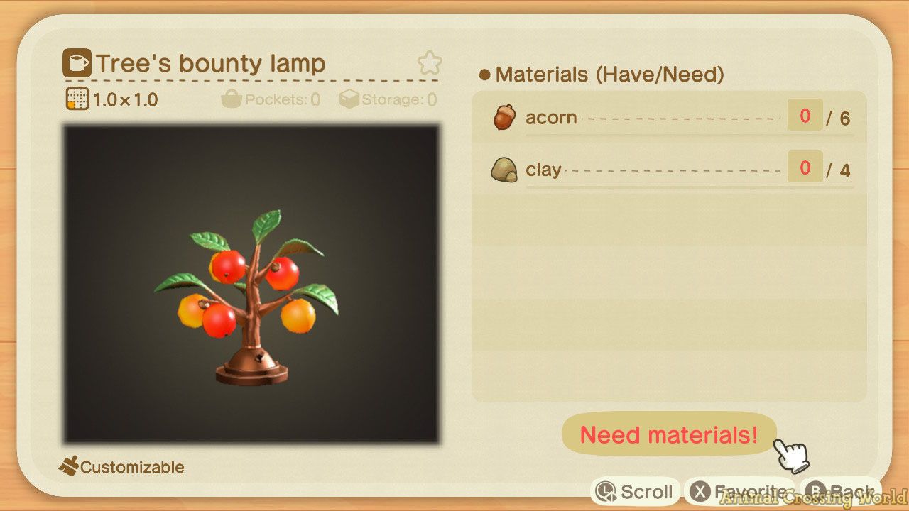 A screenshot of the Tree's Bounty Lamp DIY recipe, including a photo of the item on the left, and a list of Materials (Have/Needed) on the right
