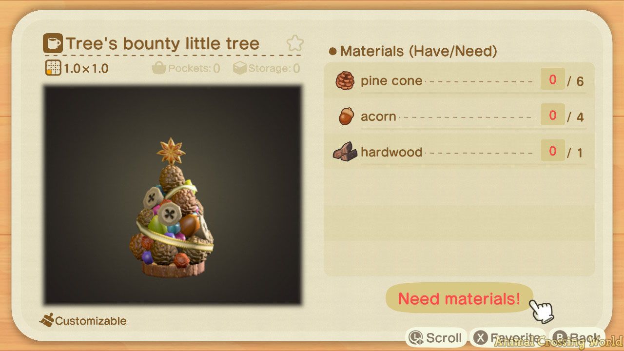 A screenshot of the Tree's Bounty Little Tree DIY recipe, including a photo of the item on the left, and a list of Materials (Have/Needed) on the right