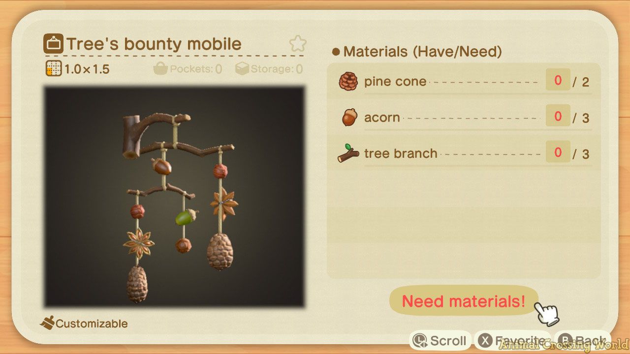 A screenshot of the Tree's Bounty Mobile crafting recipe, including a photo of the item on the left, and a list of Materials (Have/Needed) on the right