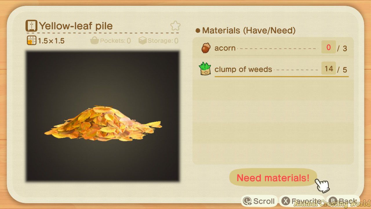 A screenshot of the Yellow Leaf Pile crafting recipe, including a photo of the item on the left, and a list of Materials (Have/Needed) on the right