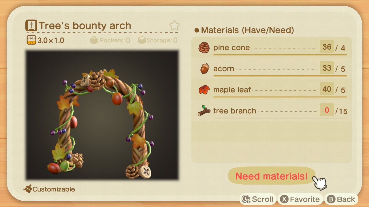 A screenshot of the Tree's Bounty Arch crafting recipe, including a photo of the item on the left and a list of Materials (Have/Needed) on the right