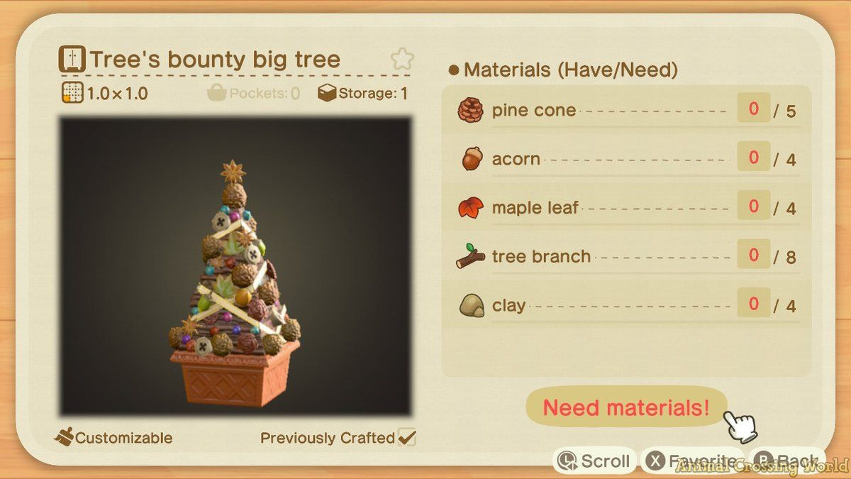 A screenshot of the Tree's Bounty Big Tree crafting recipe, including a photo of the item on the left, and a list of Materials (Have/Needed) on the right
