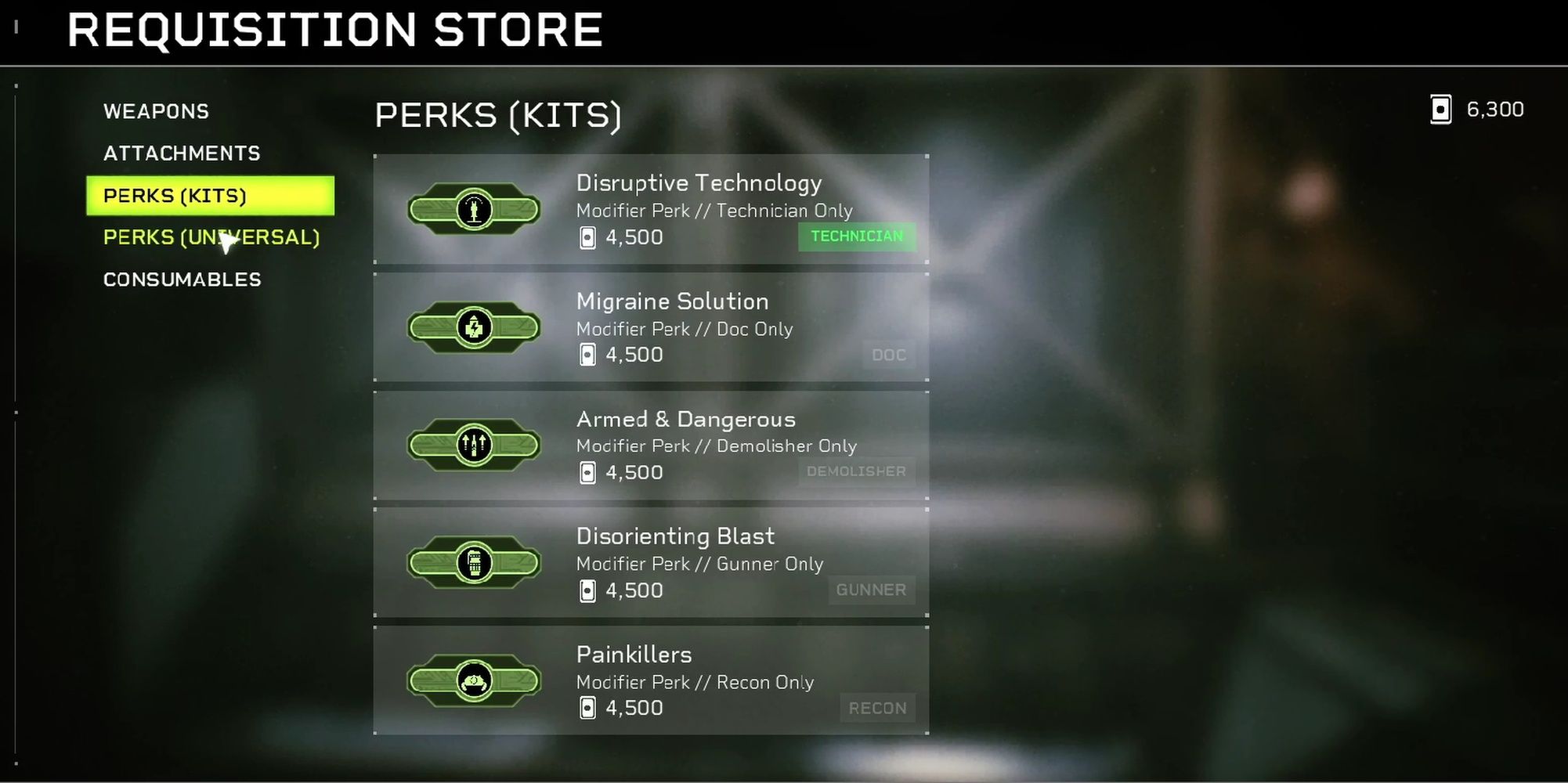 Aliens: Fireteam Elite Requisition Store Showing Class Specific Perks For Sale