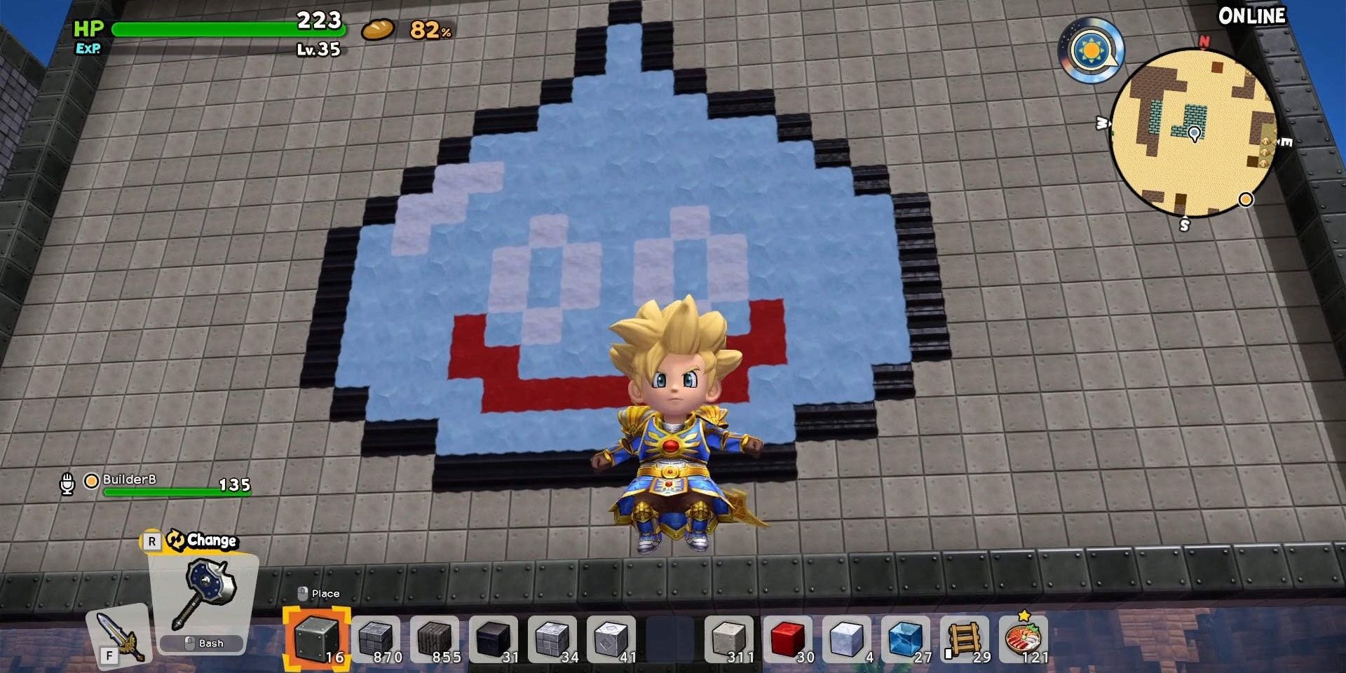 dragon quest builders 2 gameplay with character standing before slime mural
