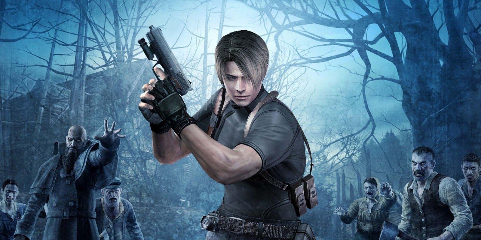Leon surrounded by zombies.