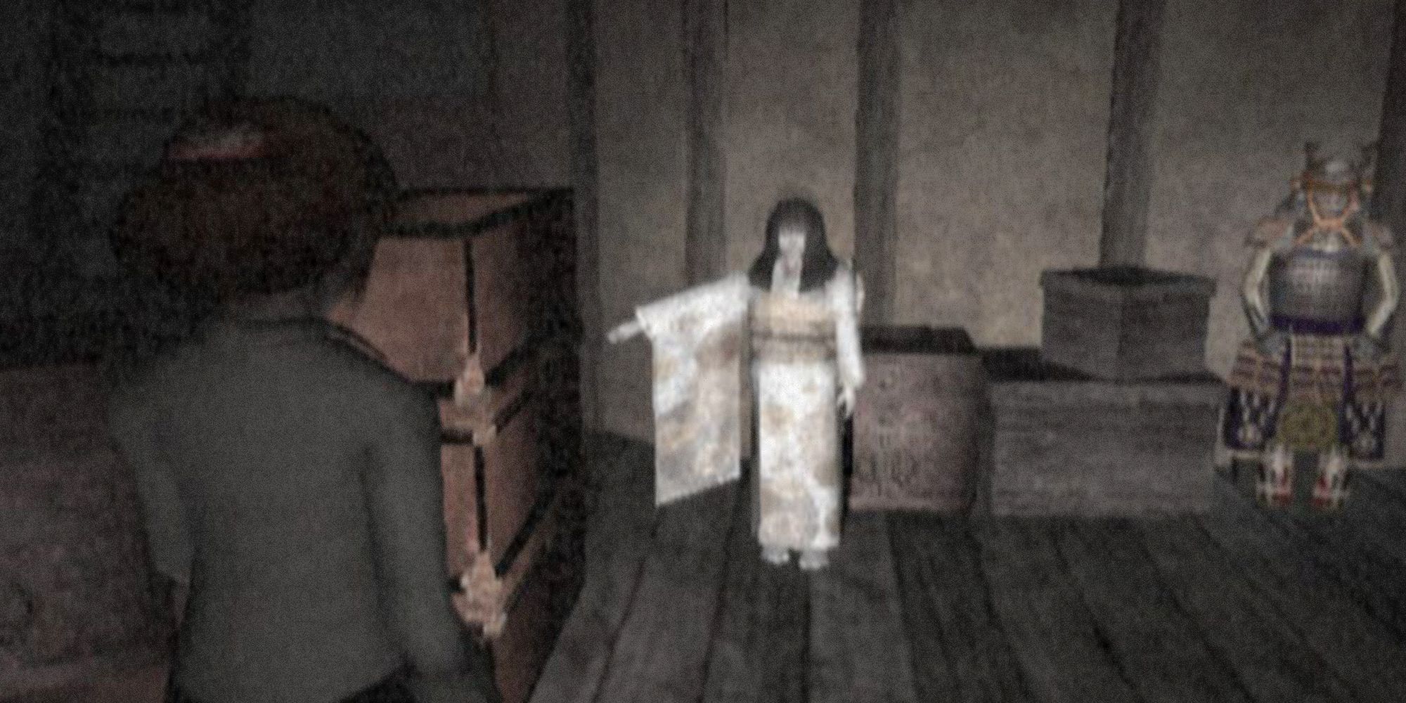 Fatal Frame, woman in a white dress pointing to their right. Telling the protagonist where to go.