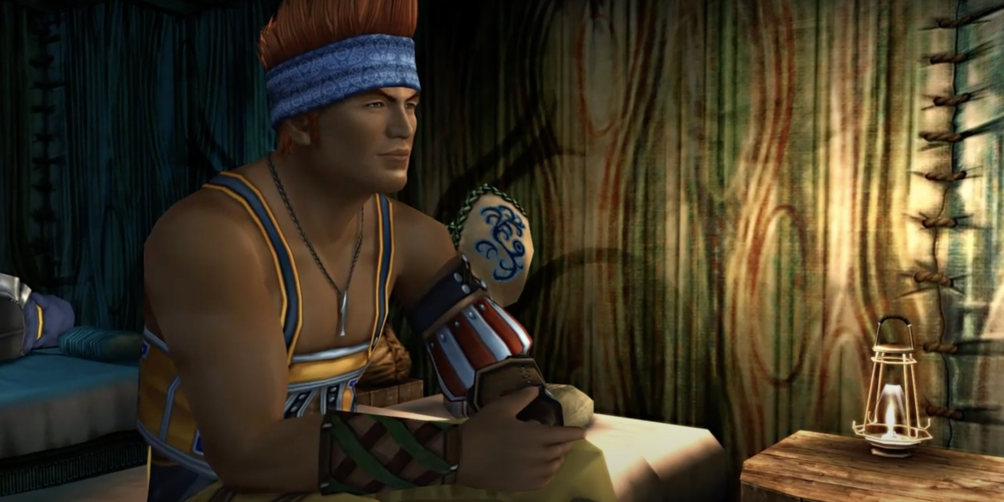 final fantasy 10 wakka reflecting in besaid hut