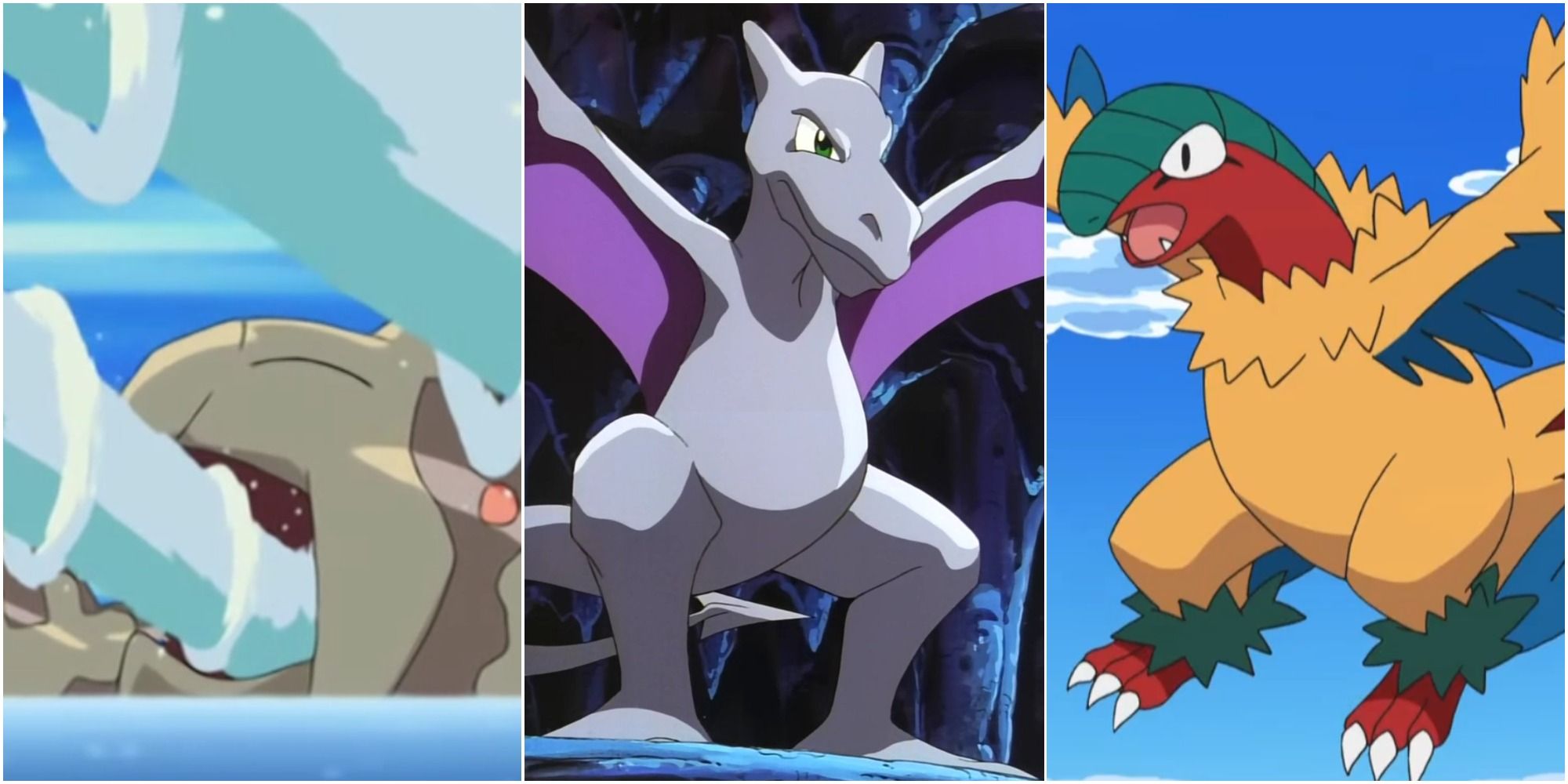 Fossil Pokemon Relicanth (left), Aerodactyl (centre) and Archeops (right) as seen in the Pokemon anime