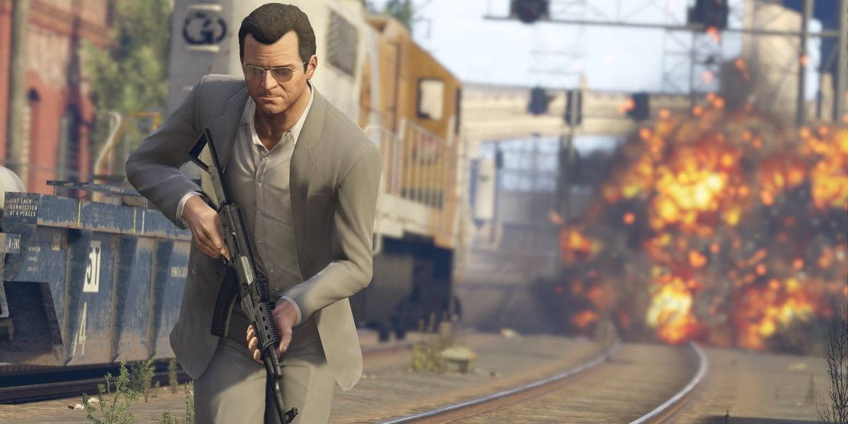 Michael in GTA 5 fleeing an explosion with a gun in hand