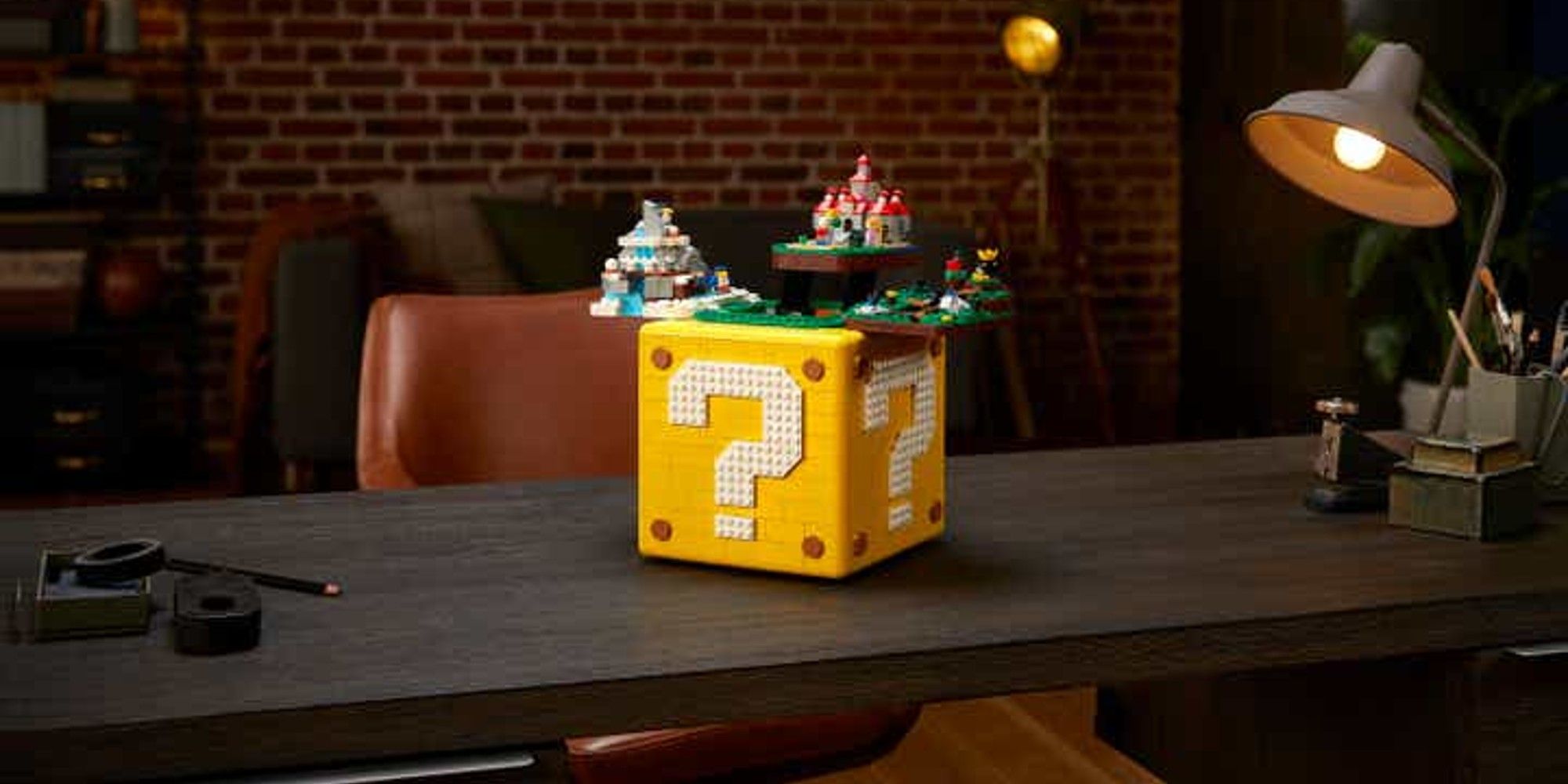 Mario Question Mark Block sitting on a desk in an office
